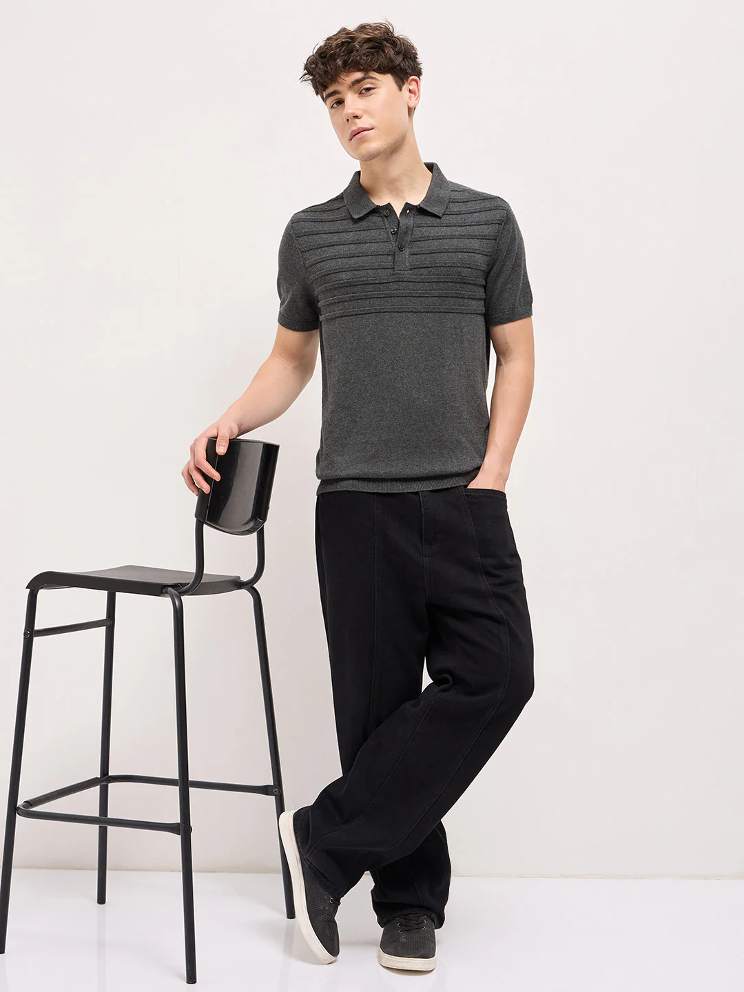 Men Charcoal Grey Textured Knit Regular Fit Polo T-shirt - Image 4