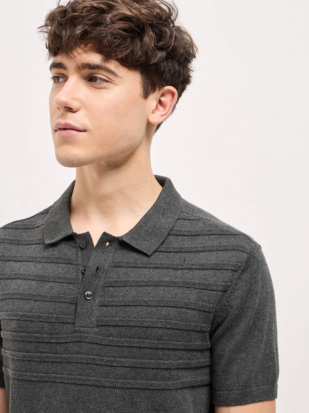 Men Charcoal Grey Textured Knit Regular Fit Polo T-shirt - Image 5