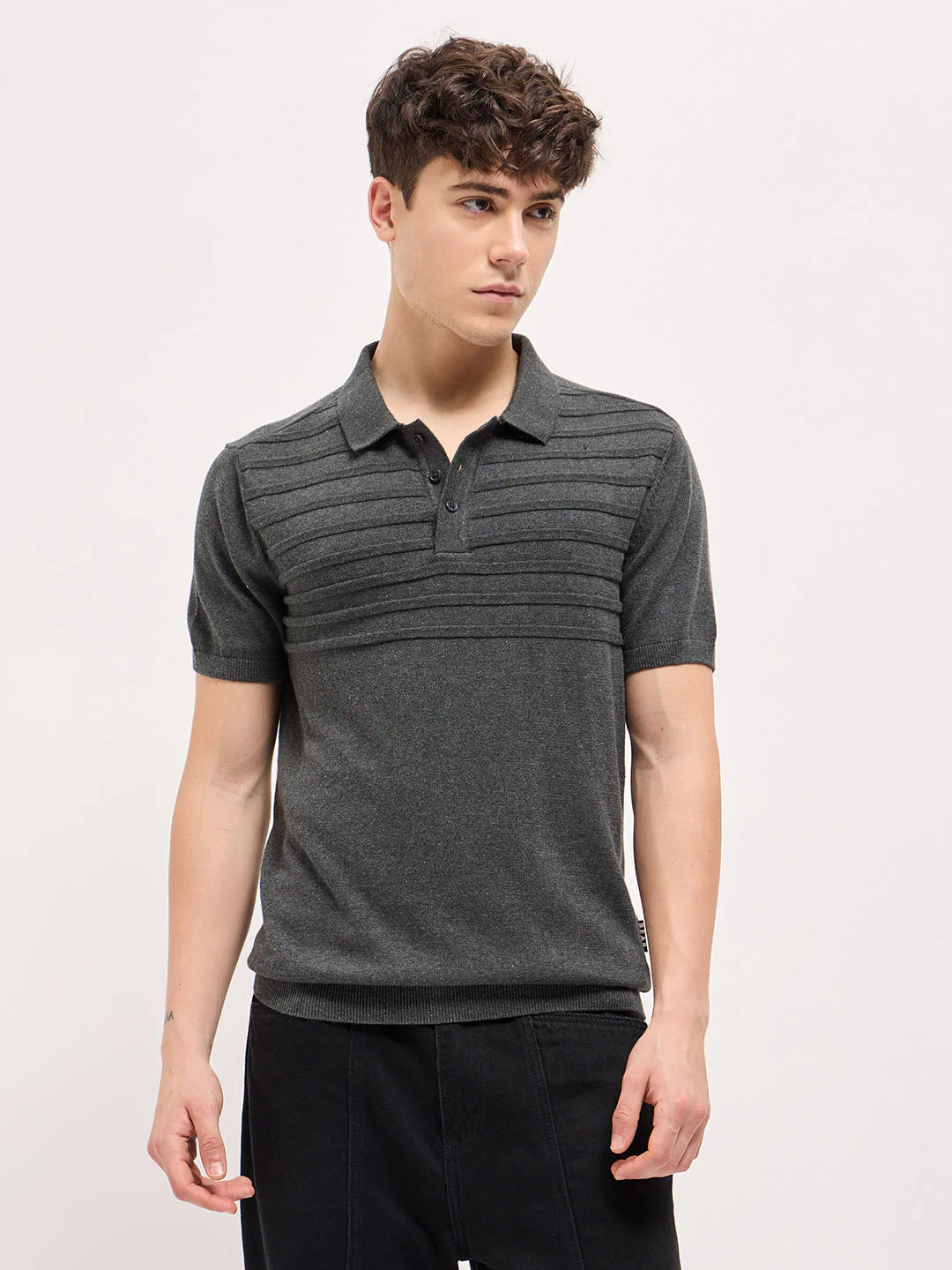 Men Charcoal Grey Textured Knit Regular Fit Polo T-shirt - Image 6