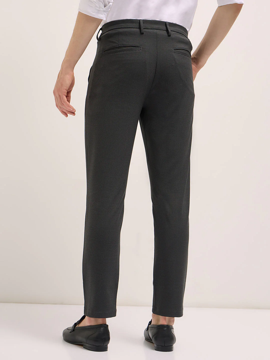 Men Charcoal Self Design 4 Way Stretch Formal Trouser - Image 2