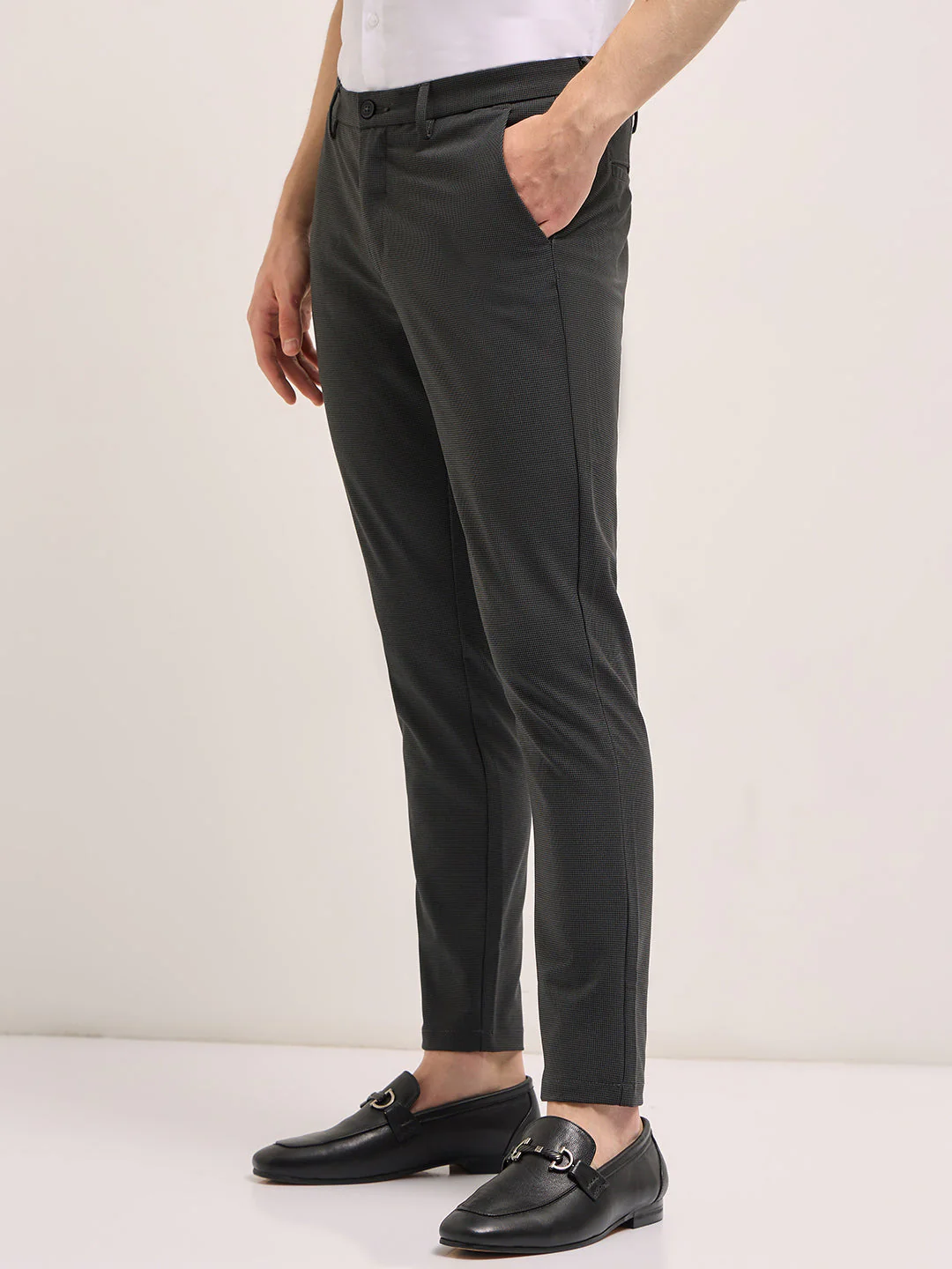 Men Charcoal Self Design 4 Way Stretch Formal Trouser - Image 3