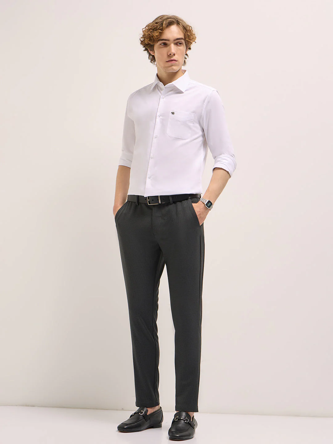 Men Charcoal Self Design 4 Way Stretch Formal Trouser - Image 4