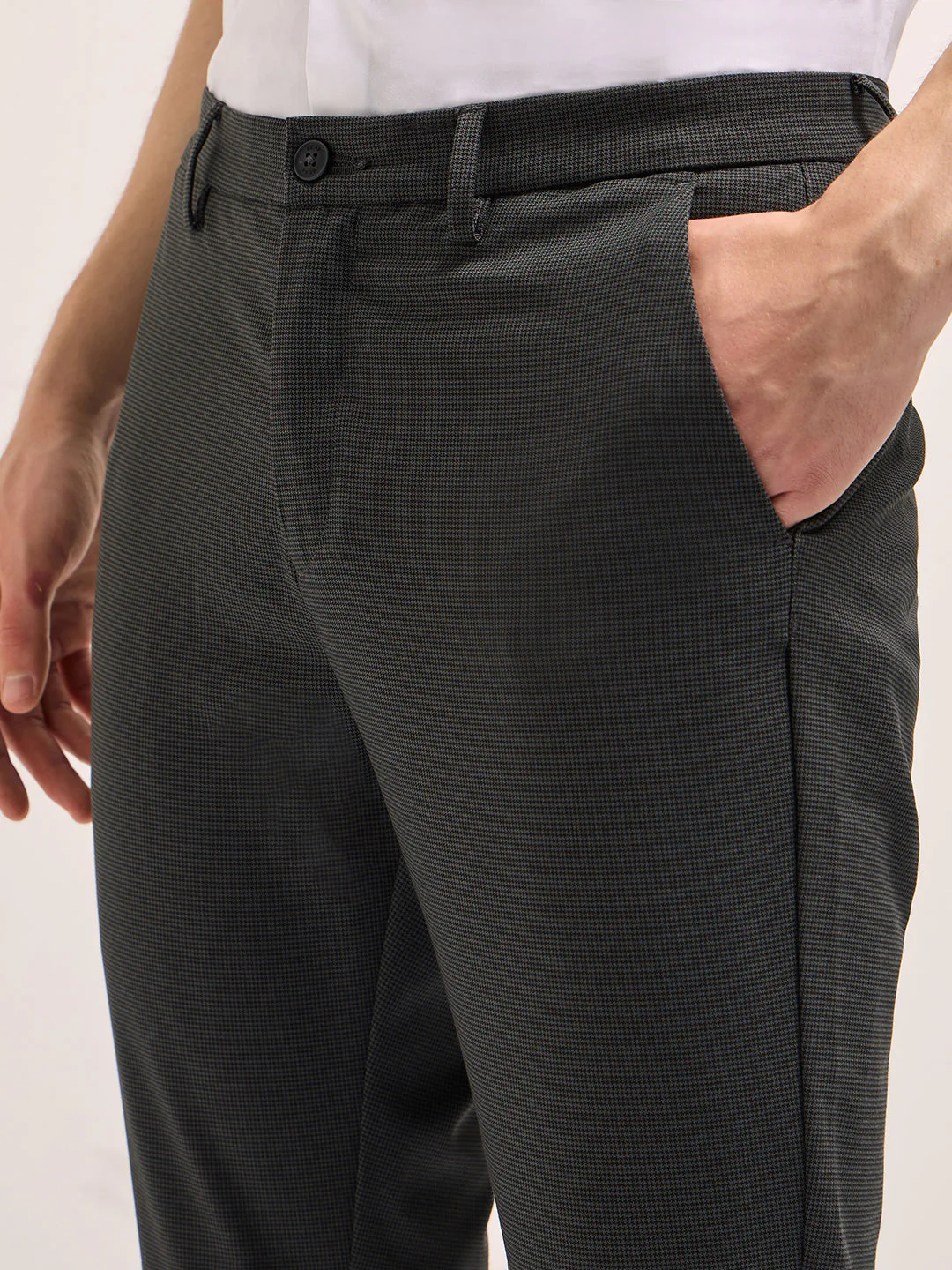 Men Charcoal Self Design 4 Way Stretch Formal Trouser - Image 5