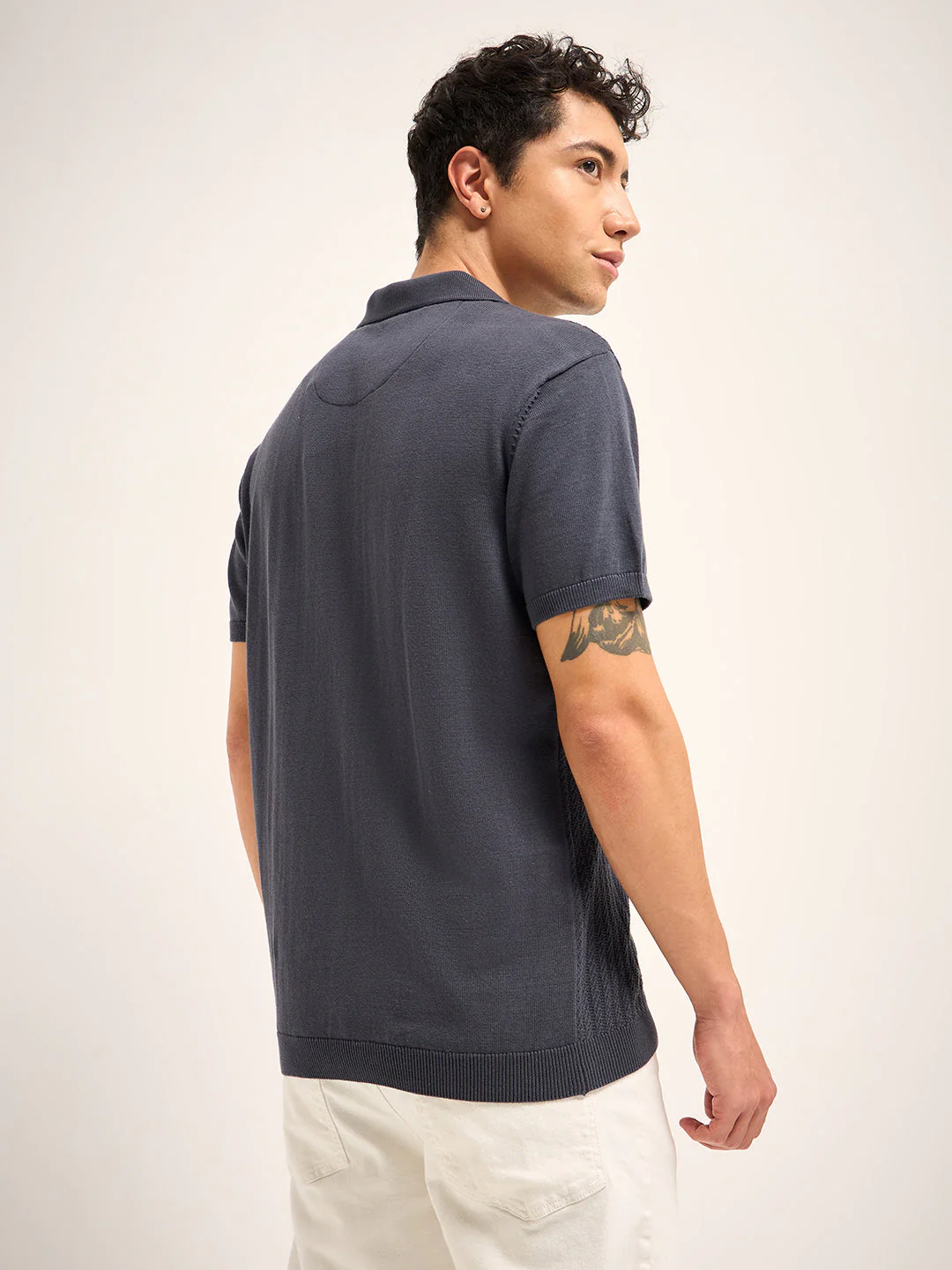 Men Charcoal Self Design Regular Fit Polo T-Shirt - Image 2