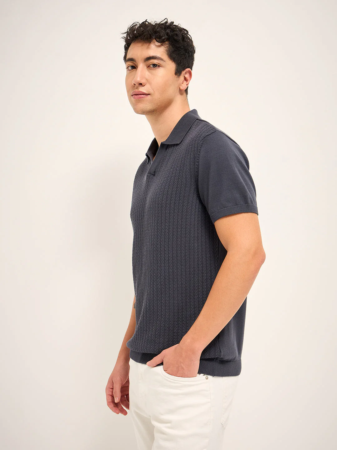 Men Charcoal Self Design Regular Fit Polo T-Shirt - Image 3