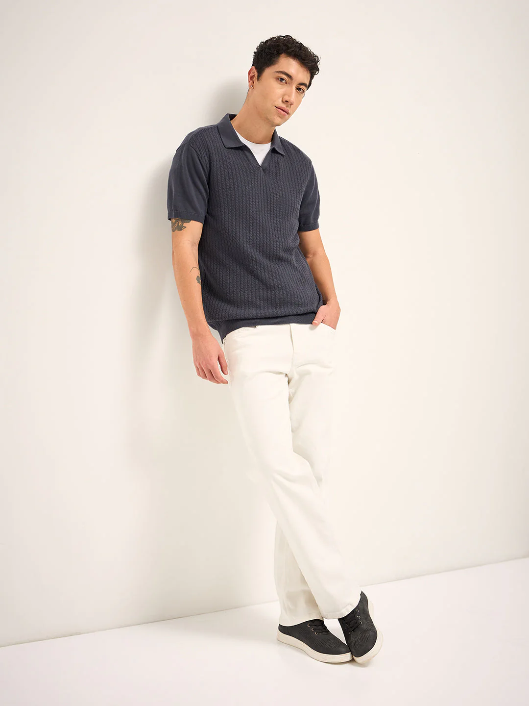 Men Charcoal Self Design Regular Fit Polo T-Shirt - Image 4