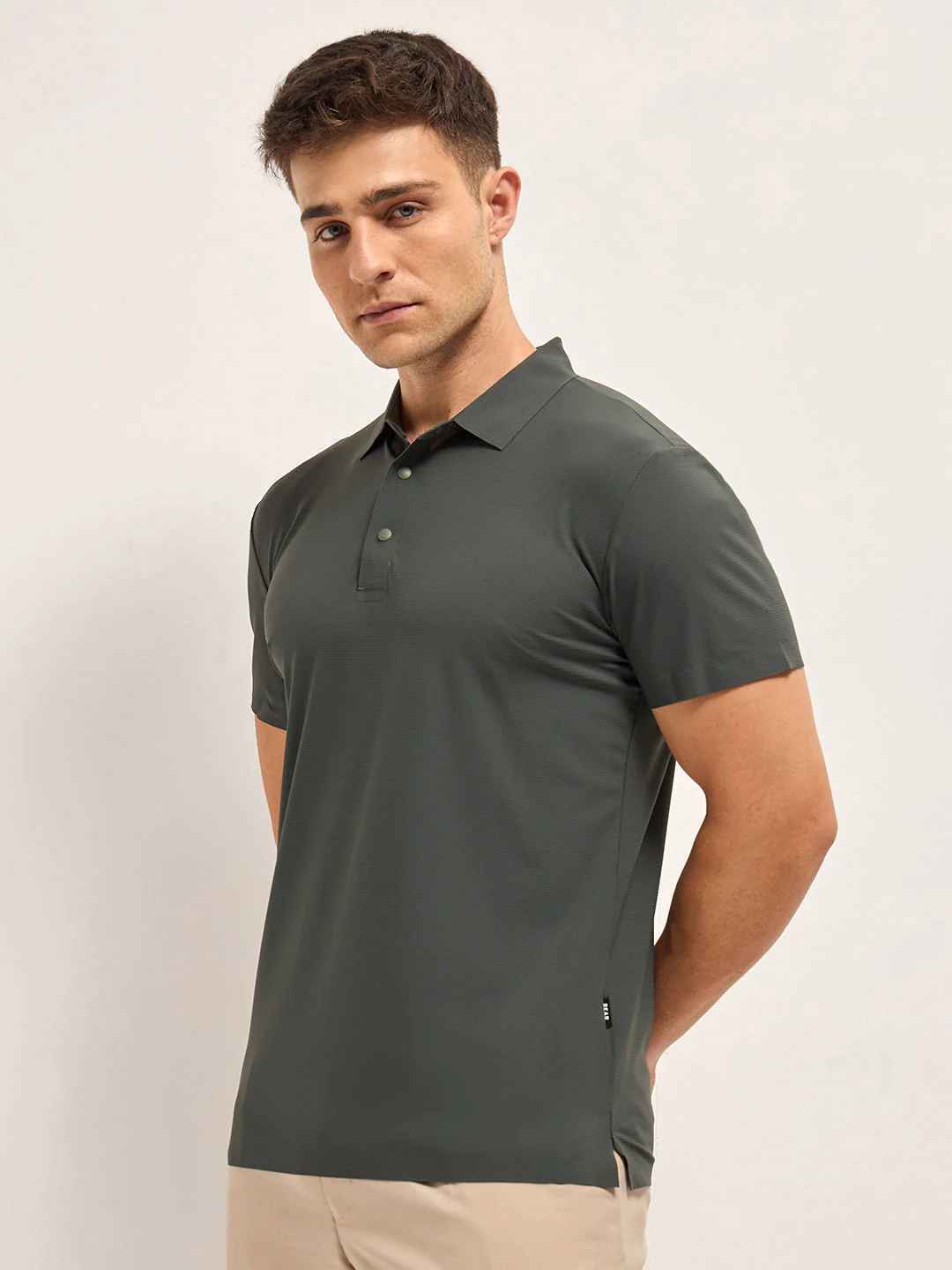 Men Charcoal Self Design Slim Fit Polo T-shirt - Image 3