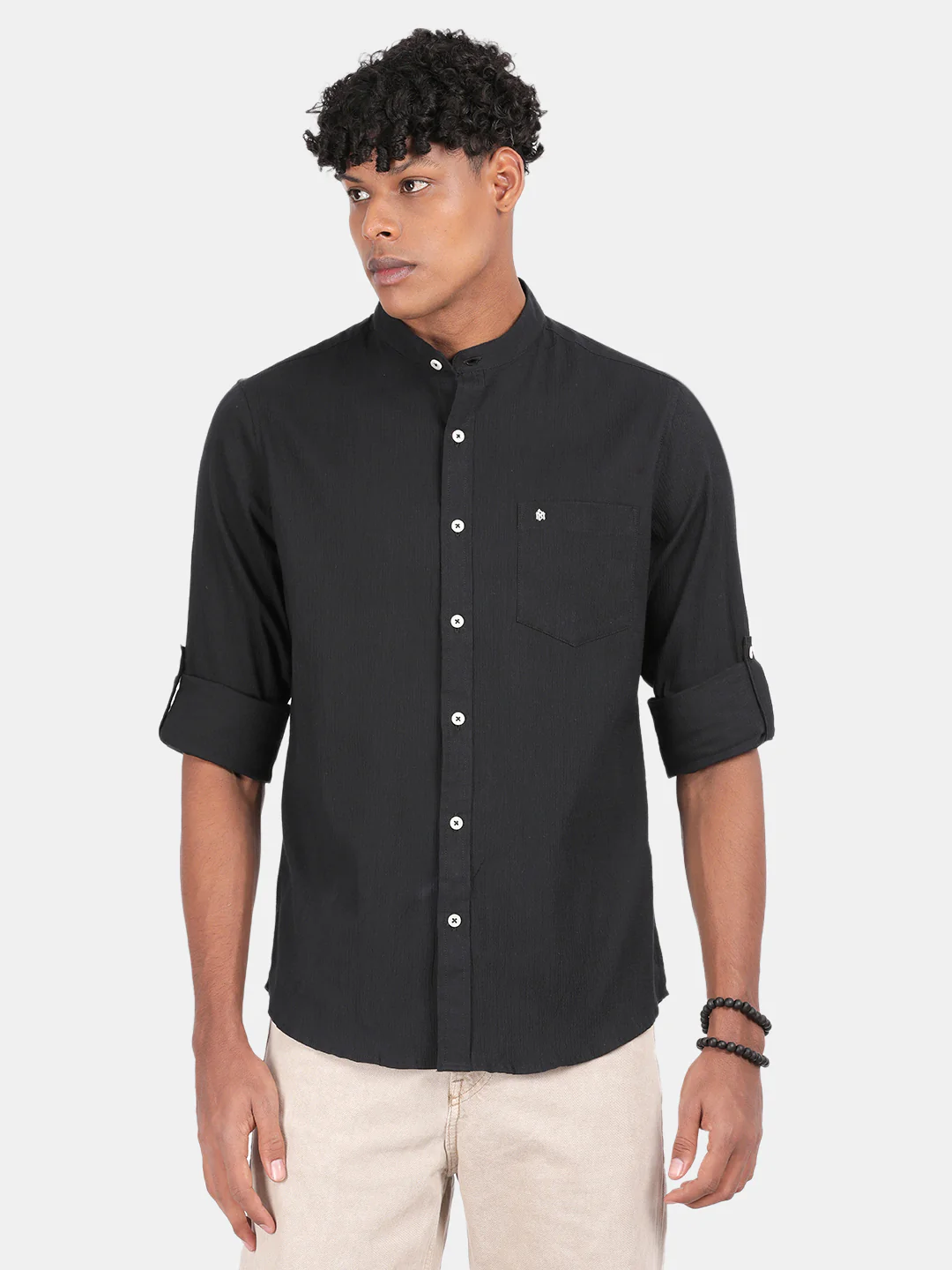 Men Charcoal Slim Fit Mandarin Collar Full Sleeve Casual Shirt - Image 2