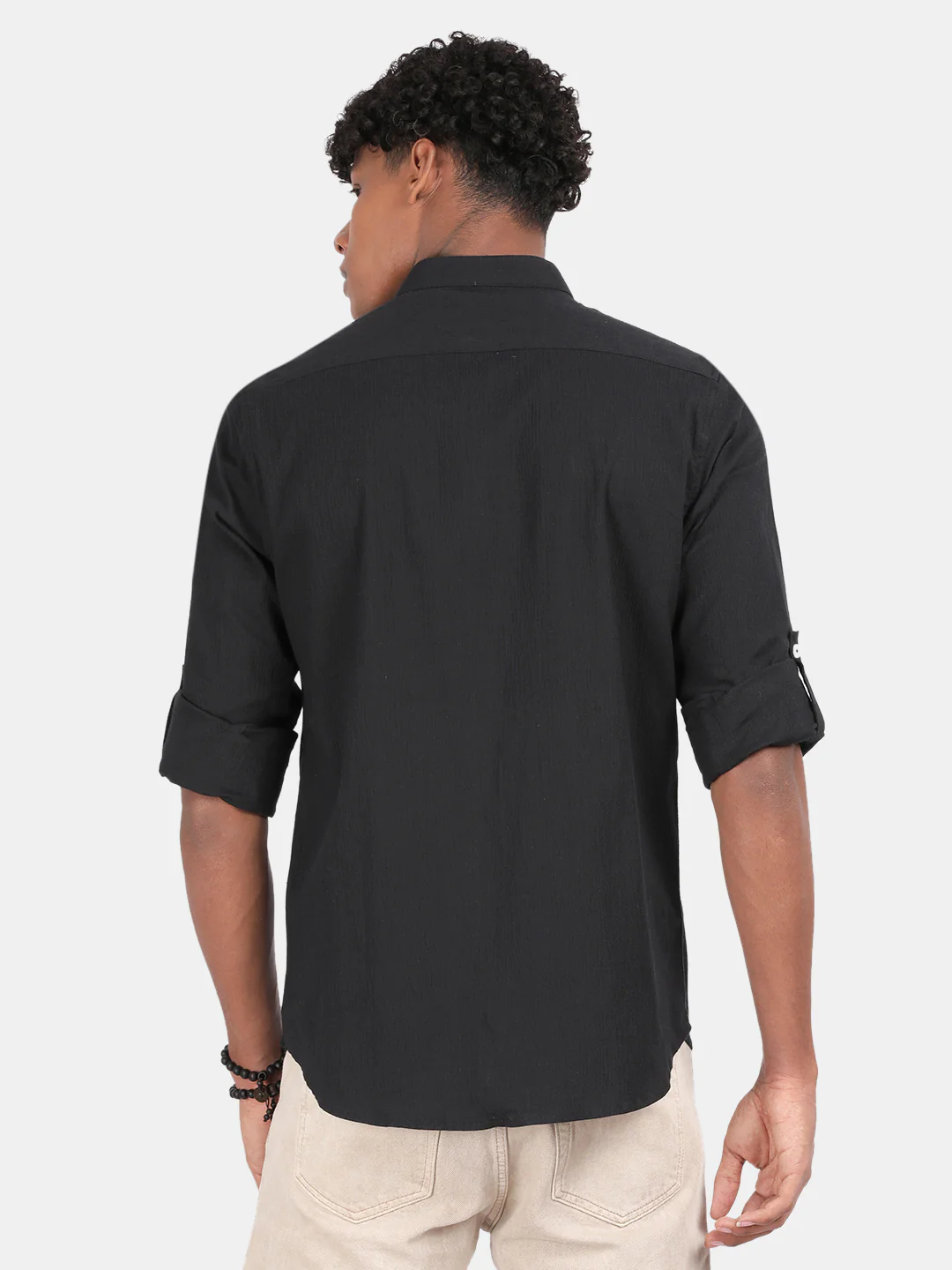 Men Charcoal Slim Fit Mandarin Collar Full Sleeve Casual Shirt - Image 3