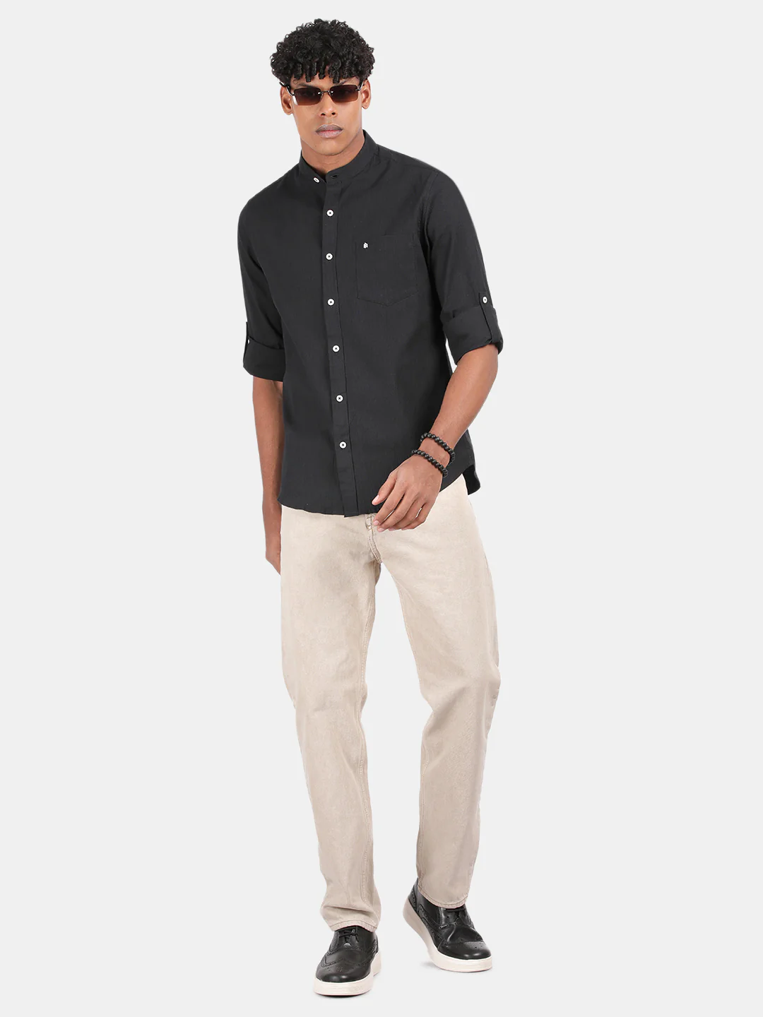 Men Charcoal Slim Fit Mandarin Collar Full Sleeve Casual Shirt - Image 4