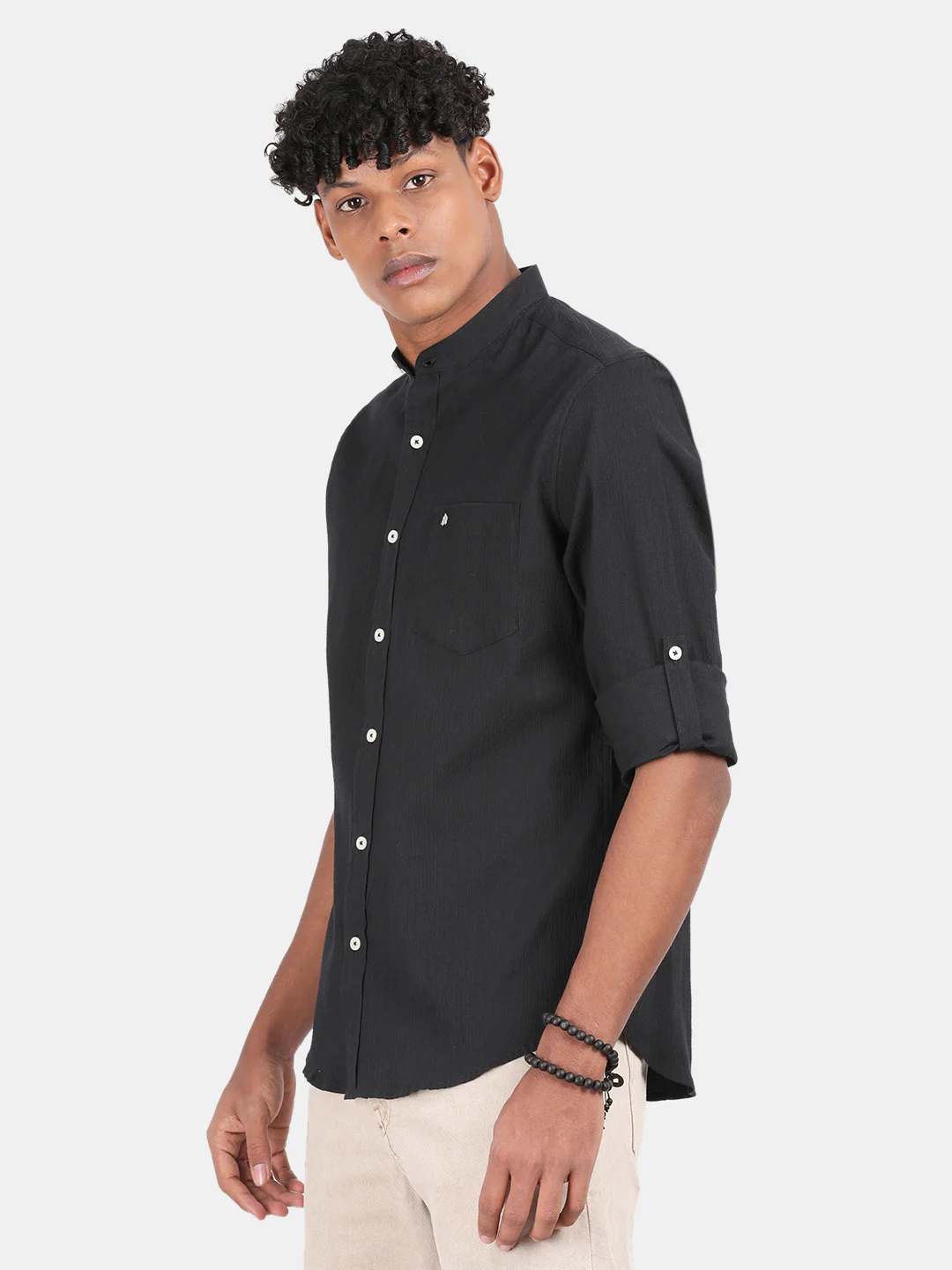 Men Charcoal Slim Fit Mandarin Collar Full Sleeve Casual Shirt - Image 5