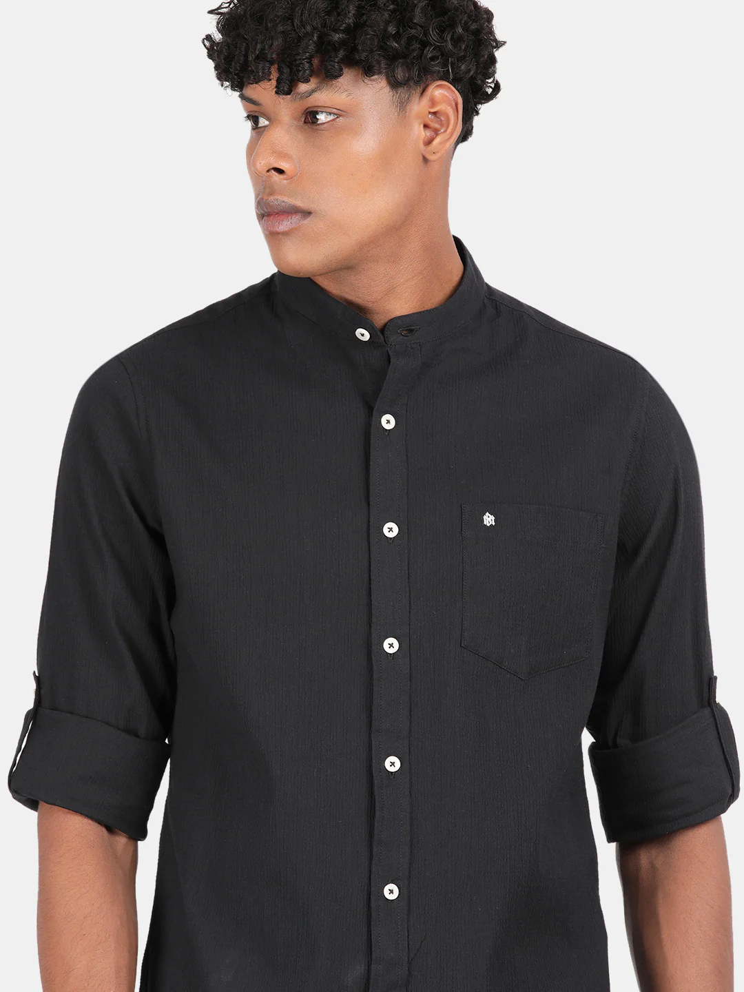 Men Charcoal Slim Fit Mandarin Collar Full Sleeve Casual Shirt - Image 6