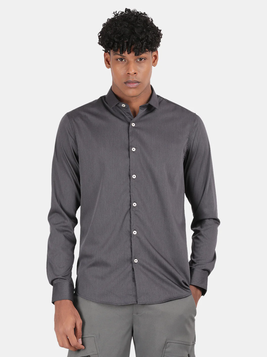 Men Charcoal Slim Fit Spread Collar Full Sleeve Casual Shirt - Image 2