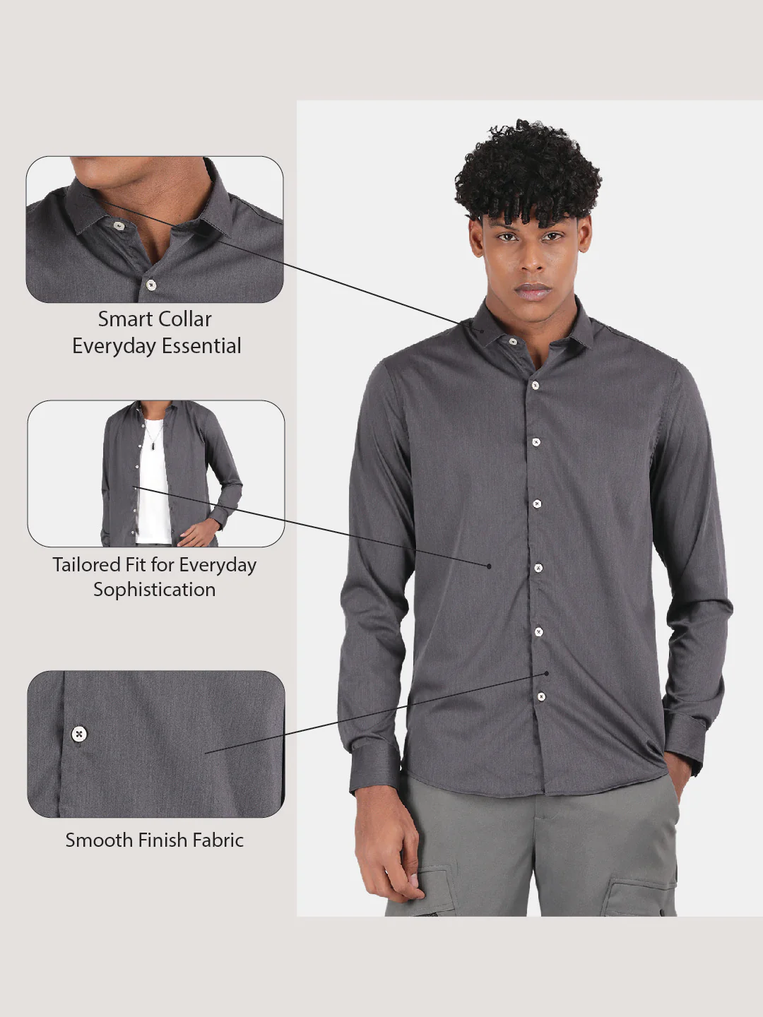 Men Charcoal Slim Fit Spread Collar Full Sleeve Casual Shirt - Image 6