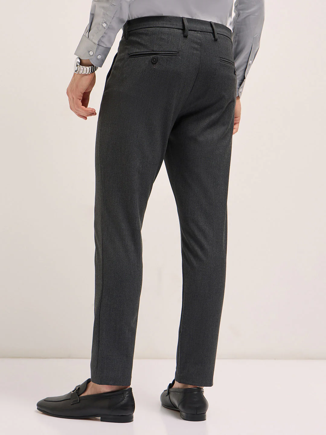 Men Charcoal Solid 4 Way Stretch Formal Trouser - Image 2