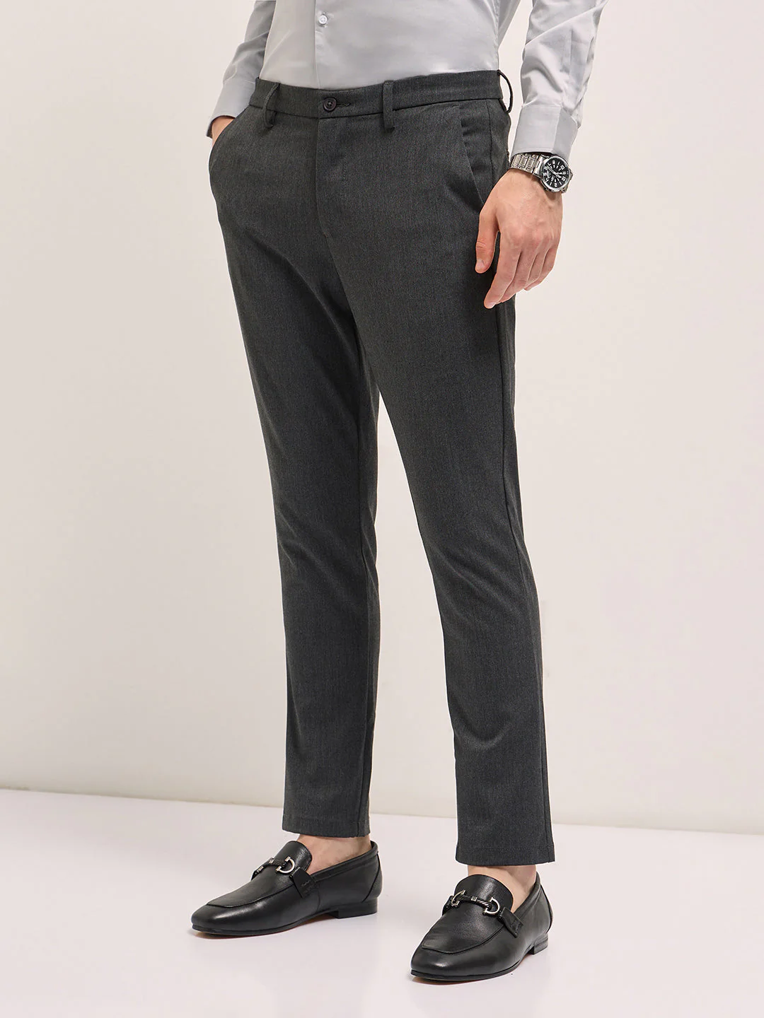 Men Charcoal Solid 4 Way Stretch Formal Trouser - Image 3