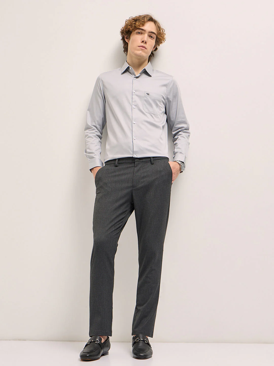 Men Charcoal Solid 4 Way Stretch Formal Trouser - Image 4