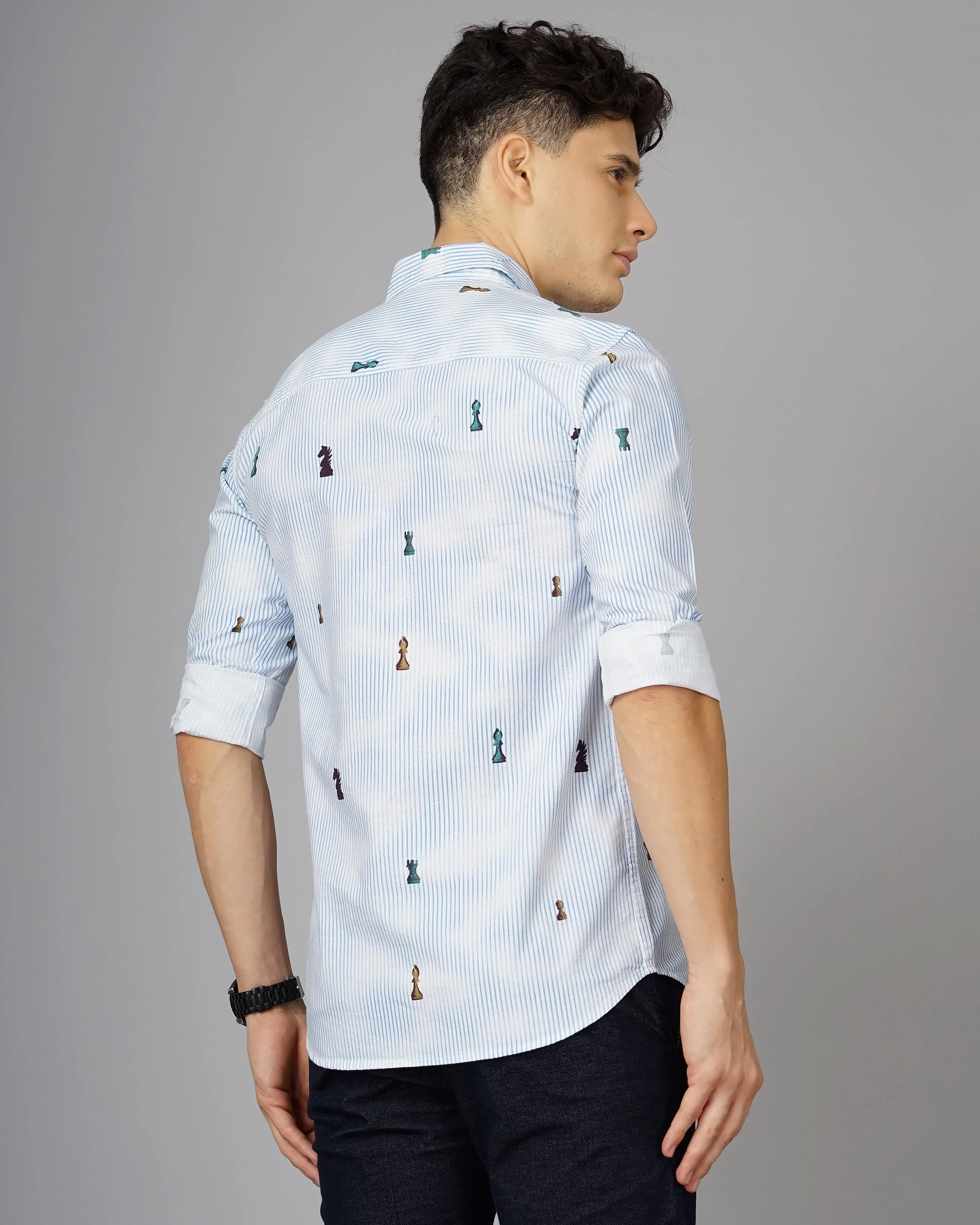 Men Chess White Blue Striped Shirt - Image 3