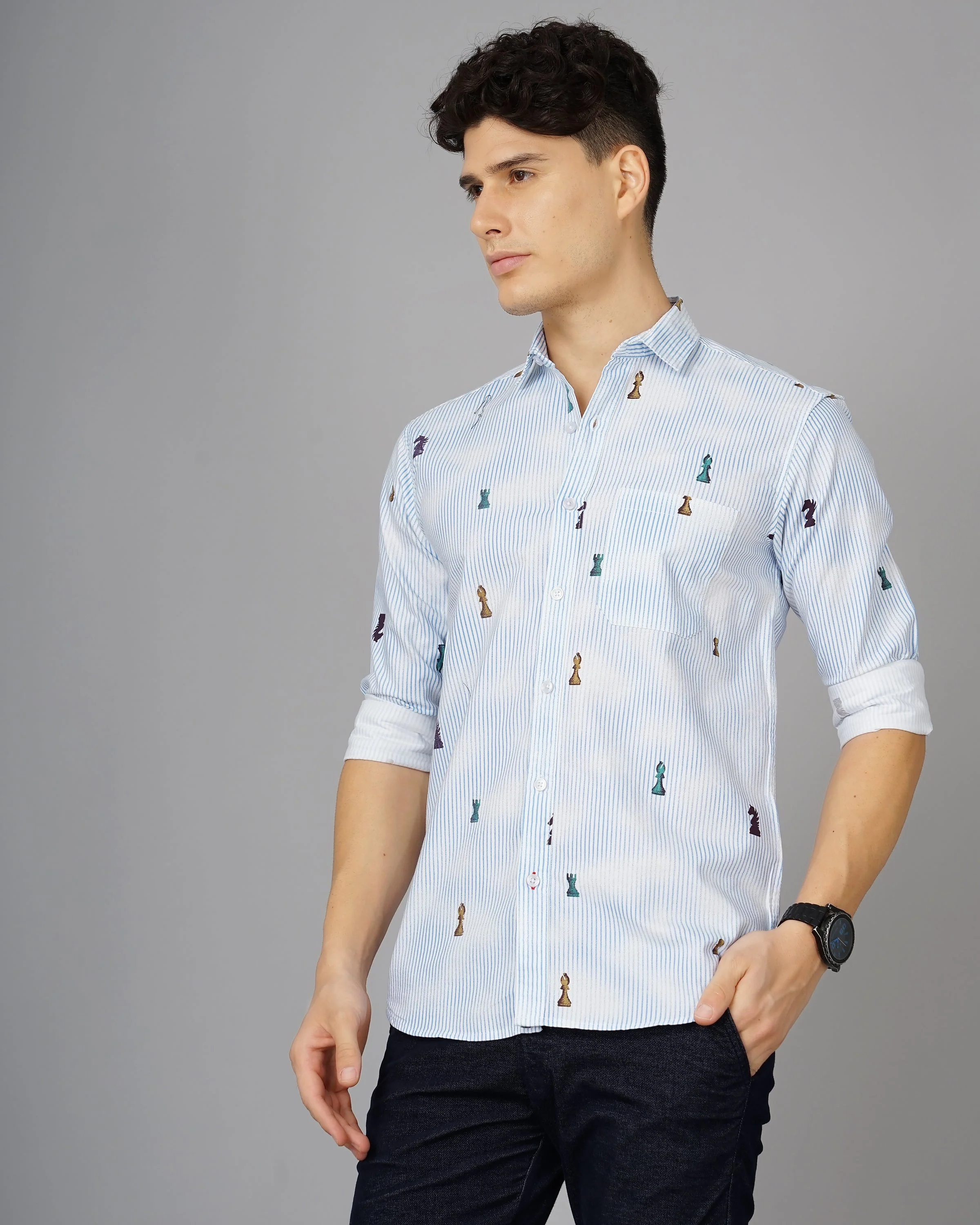 Men Chess White Blue Striped Shirt - Image 4