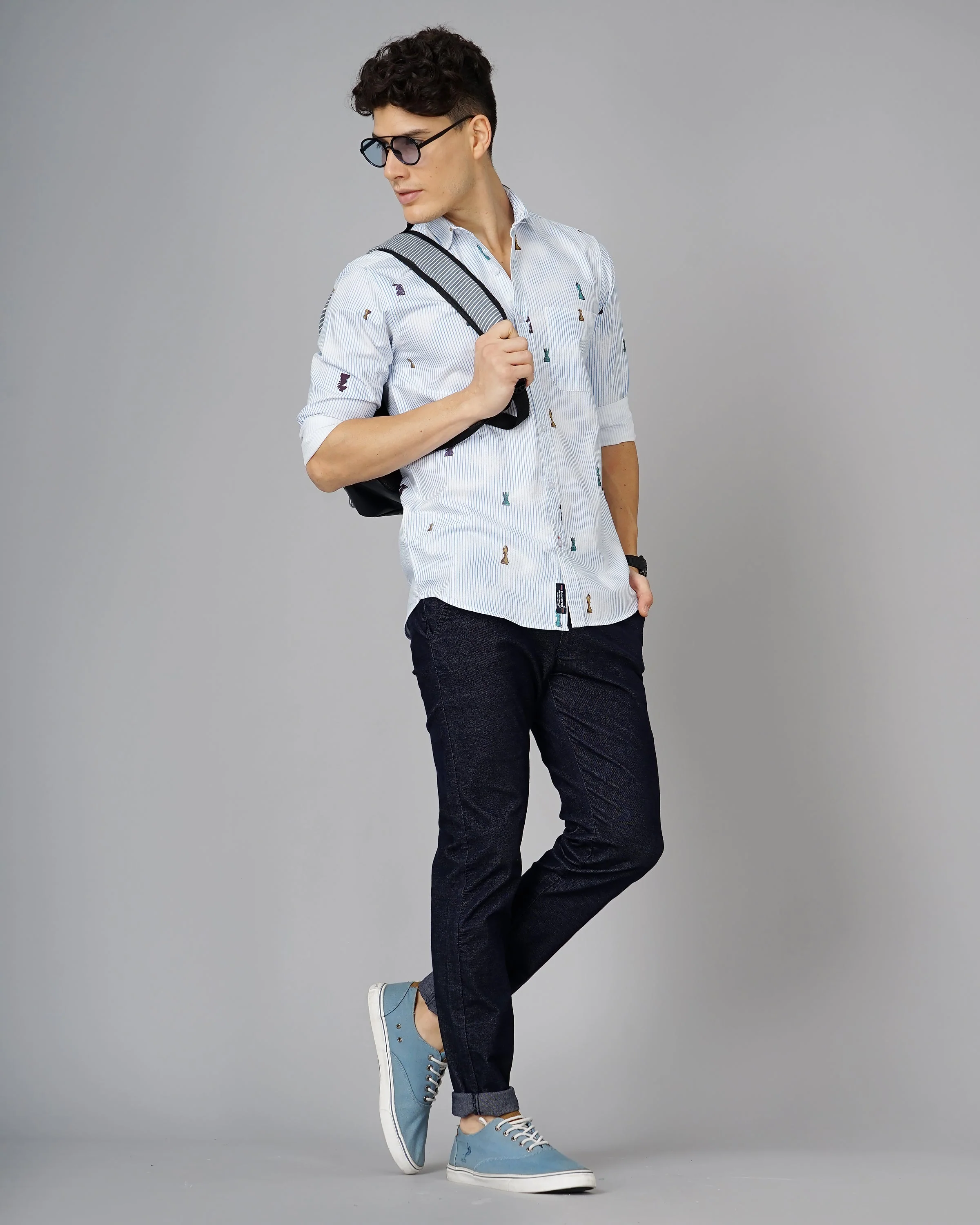Men Chess White Blue Striped Shirt - Image 5