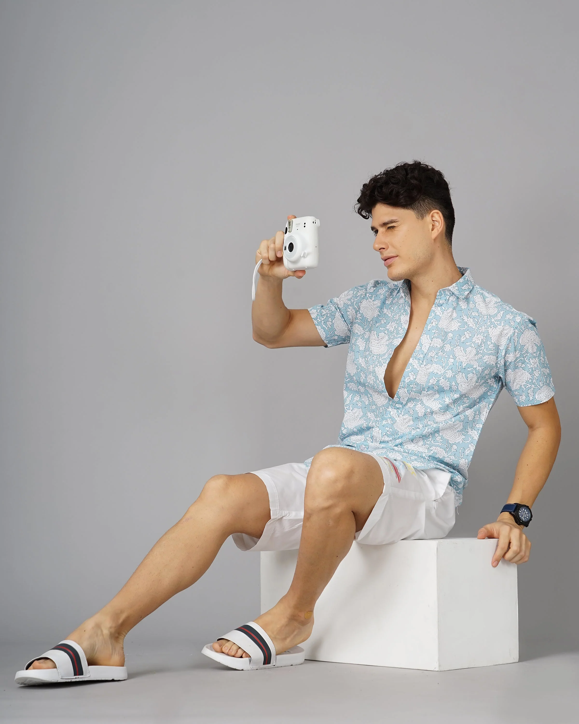 Men Chess White Blue Striped Shirt - Image 6