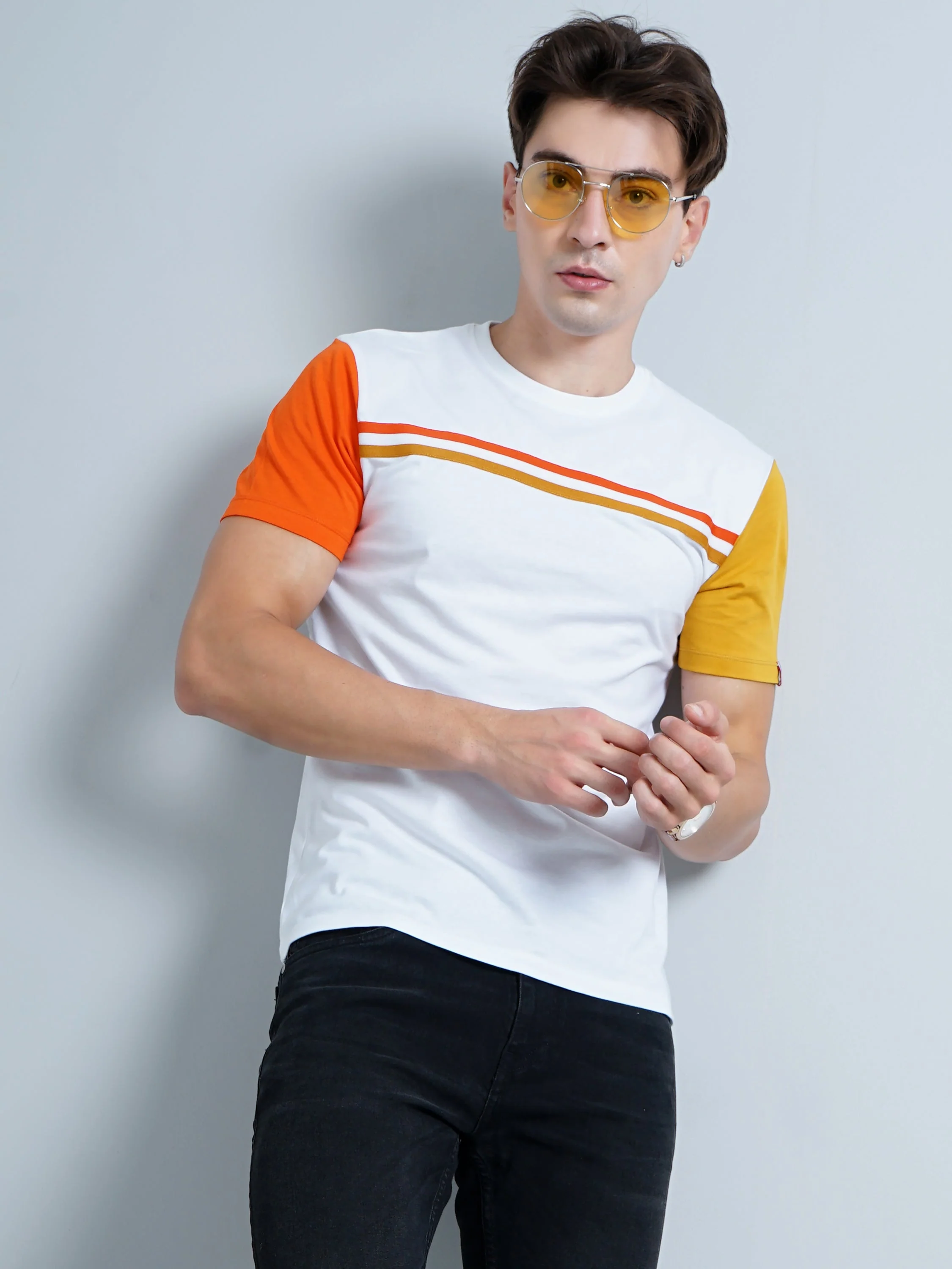 Men Chest Striped White T-Shirt