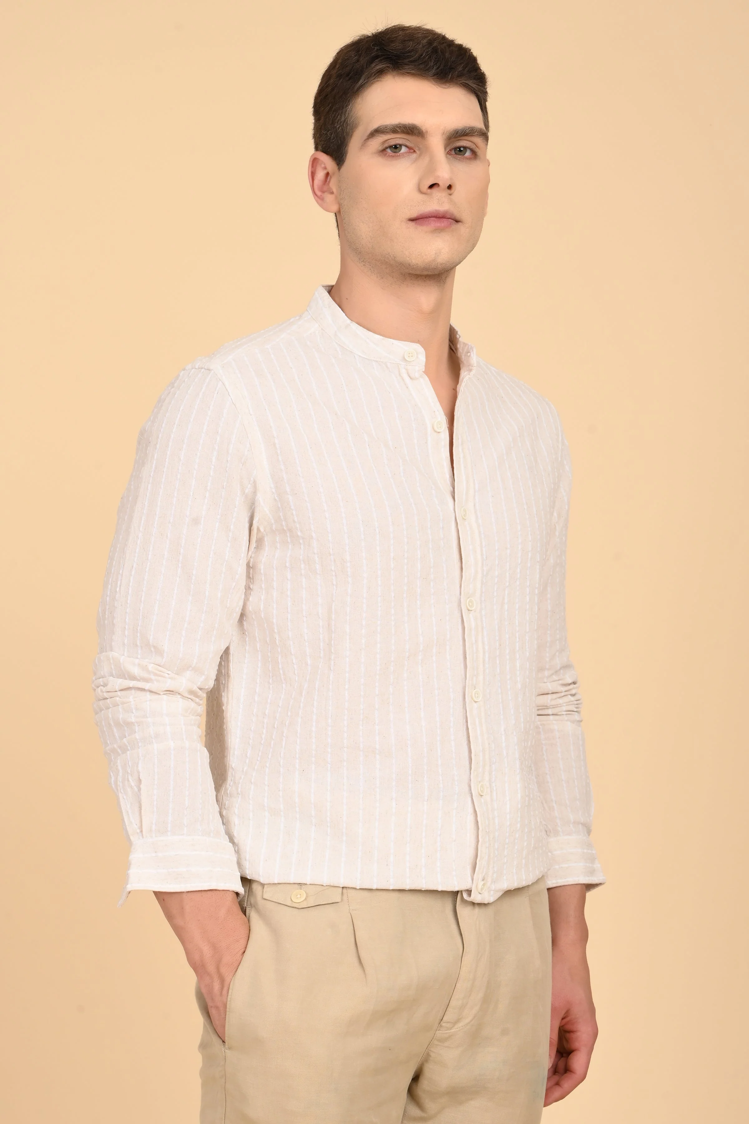 Men Cindy Natural Seersucker Striped Shirt Off White - Image 3
