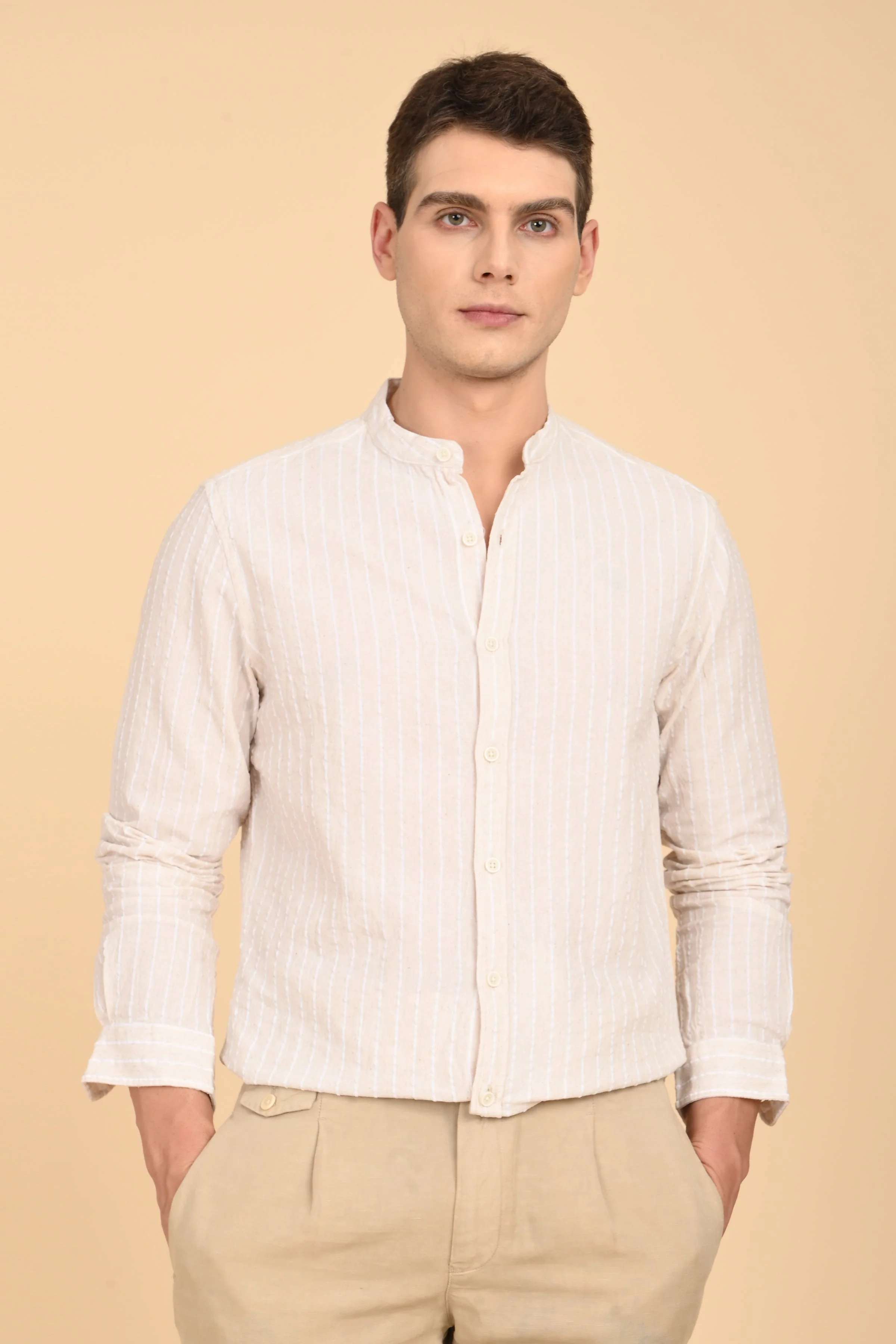 Men Cindy Natural Seersucker Striped Shirt Off White - Image 4