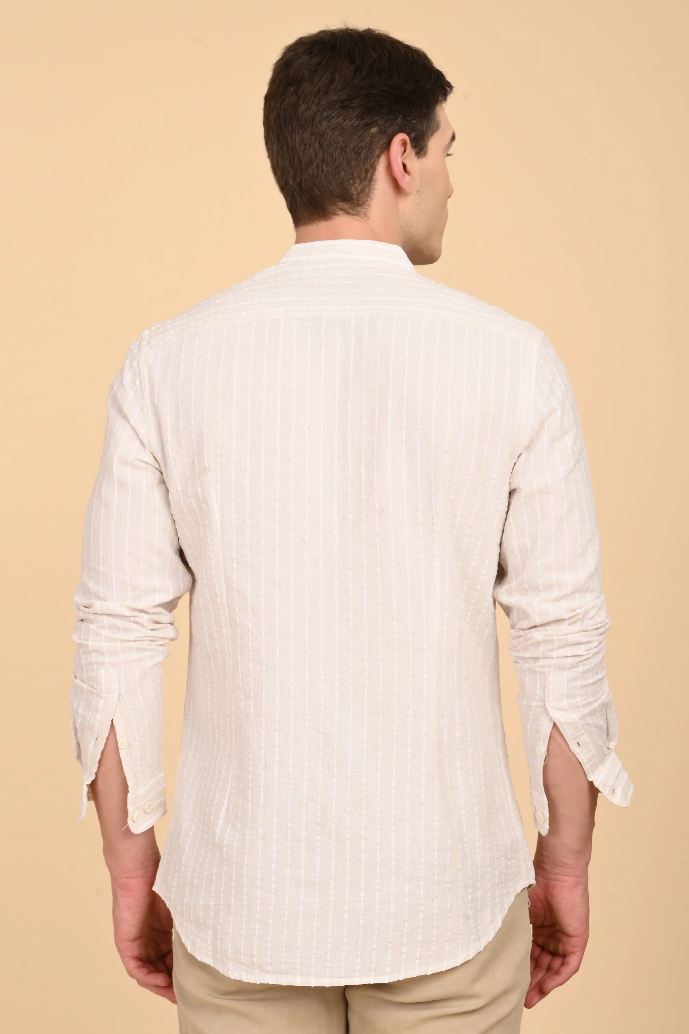 Men Cindy Natural Seersucker Striped Shirt Off White - Image 7