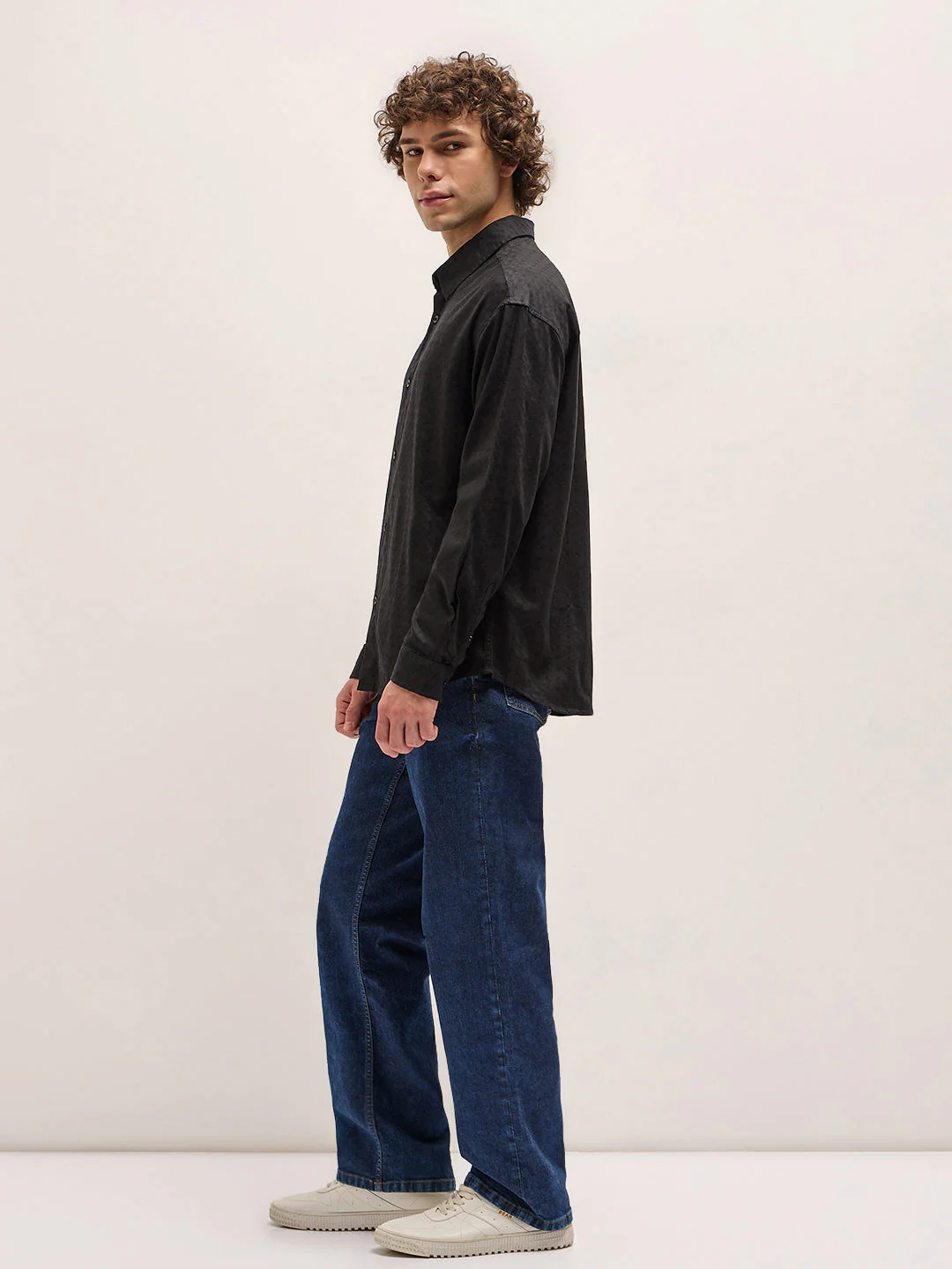 Men Classic Black Self Design Relax Fit Overshirt - Image 3