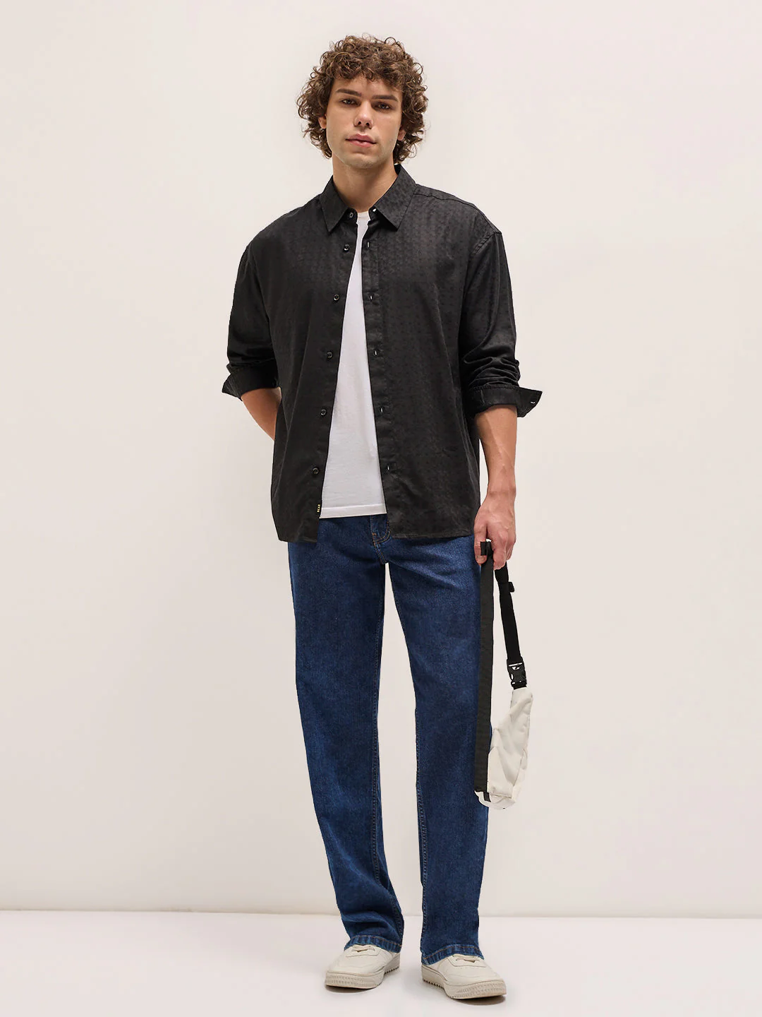 Men Classic Black Self Design Relax Fit Overshirt - Image 4