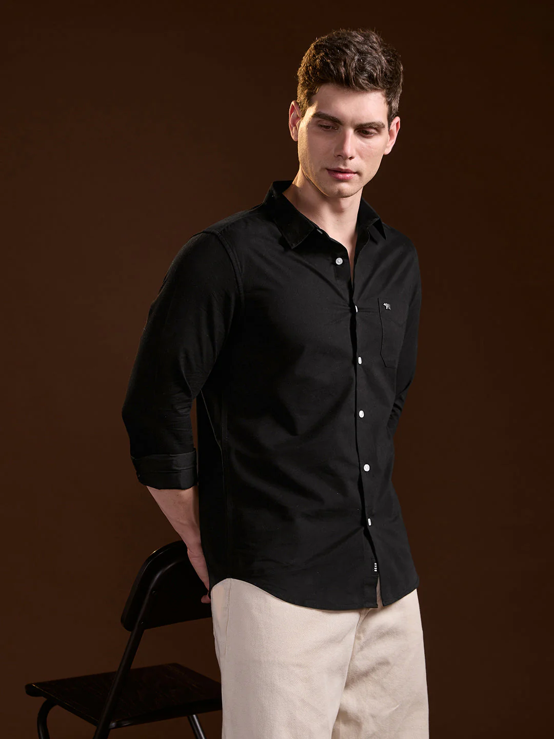 Men Classic Black Solid Slim Fit Polyester Casual Shirt