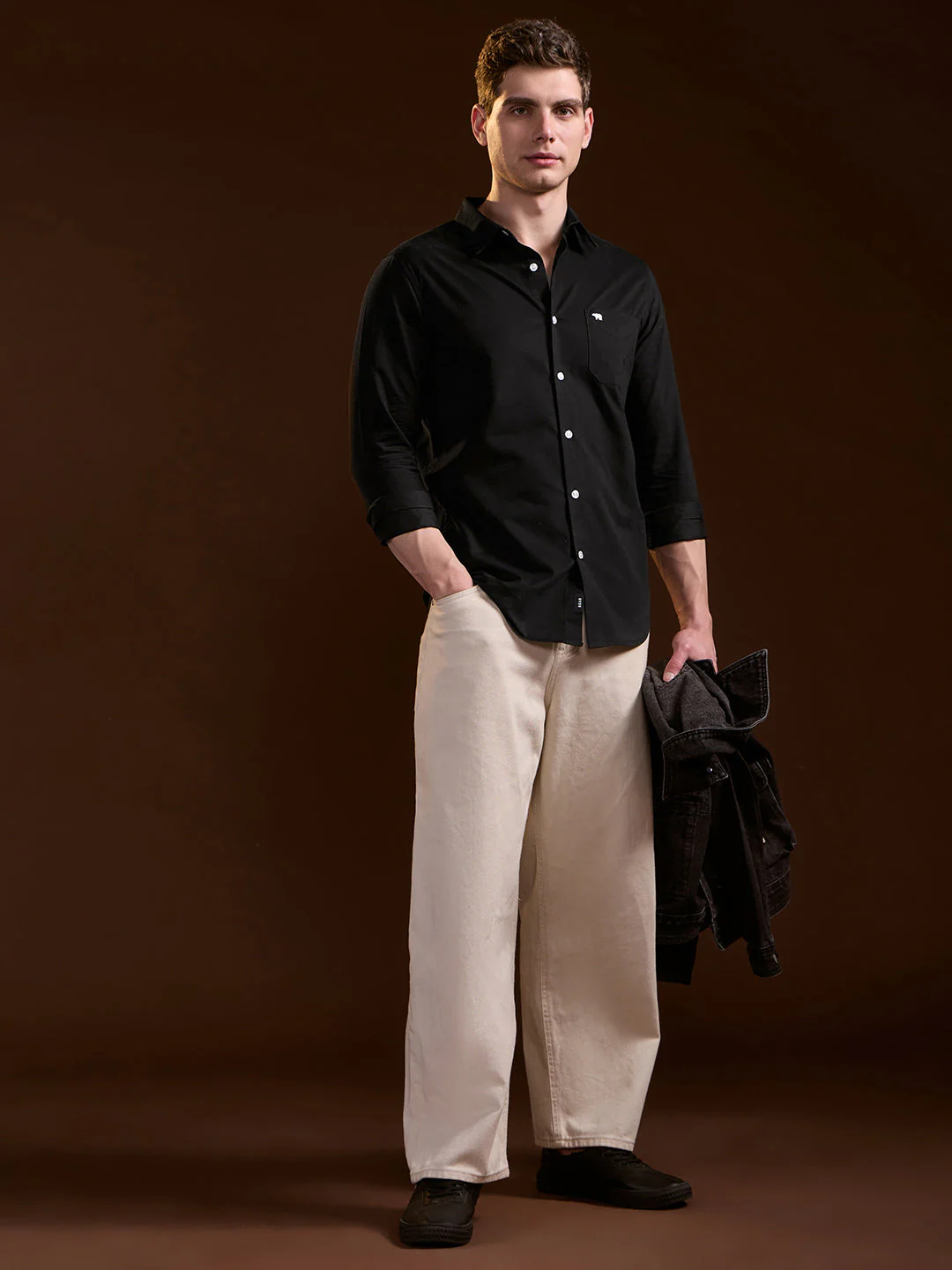 Men Classic Black Solid Slim Fit Polyester Casual Shirt - Image 4