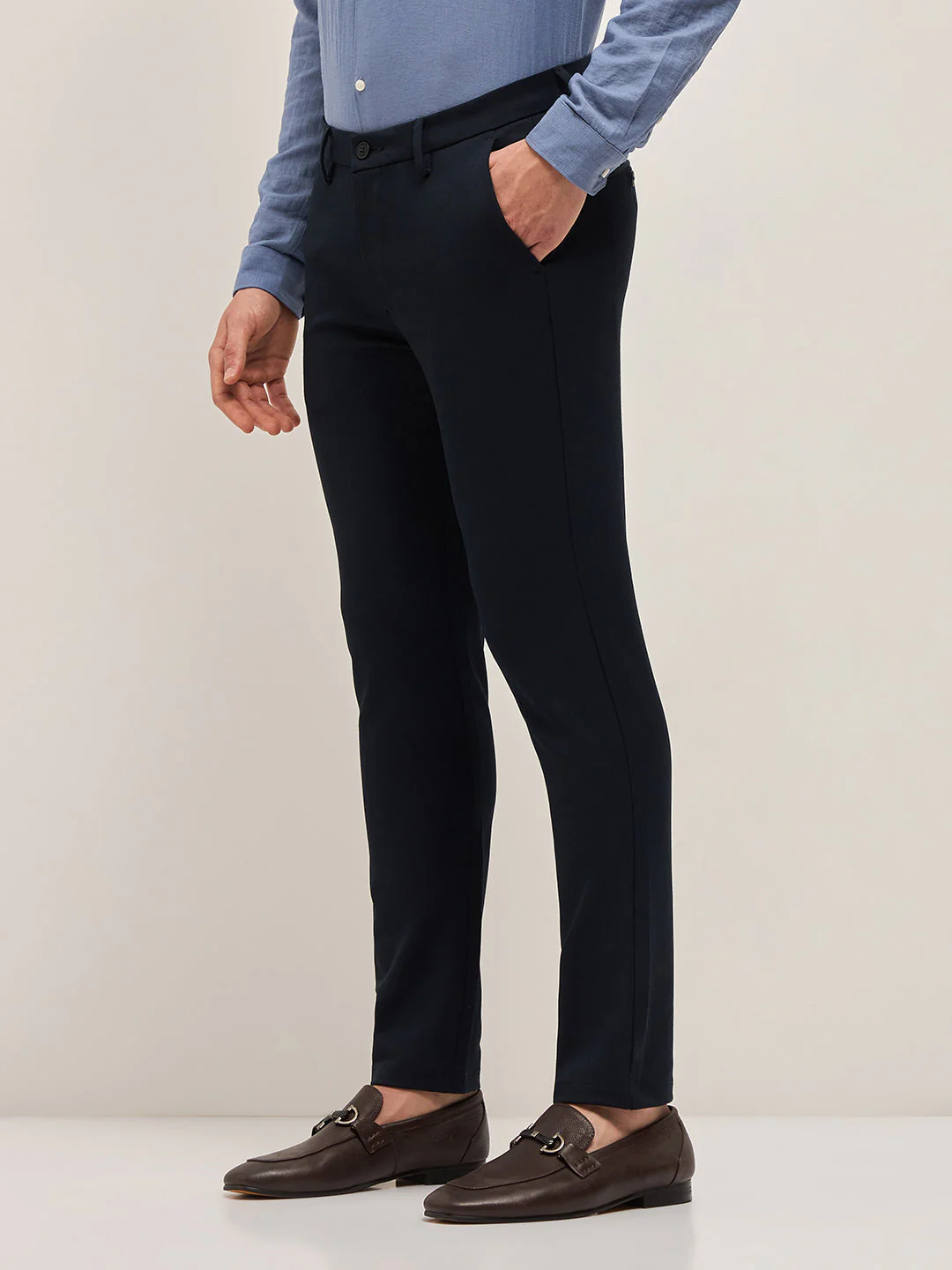 Men Classic Blue Solid 4 Way Stretch Formal Trouser - Image 3