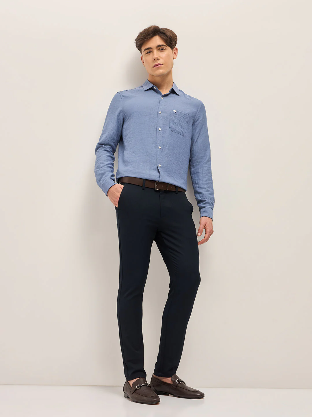 Men Classic Blue Solid 4 Way Stretch Formal Trouser - Image 4