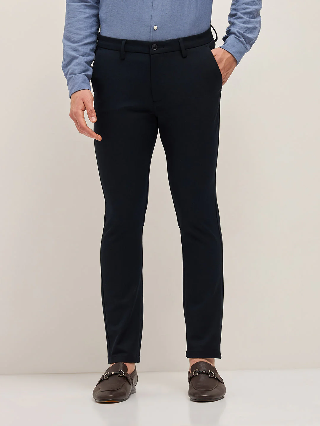 Men Classic Blue Solid 4 Way Stretch Formal Trouser - Image 7