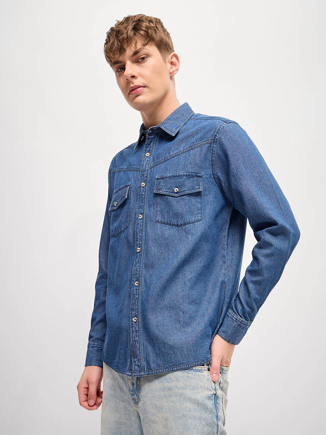 Men Classic Blue Solid Relax Fit Denim Casual Shirt - Image 3