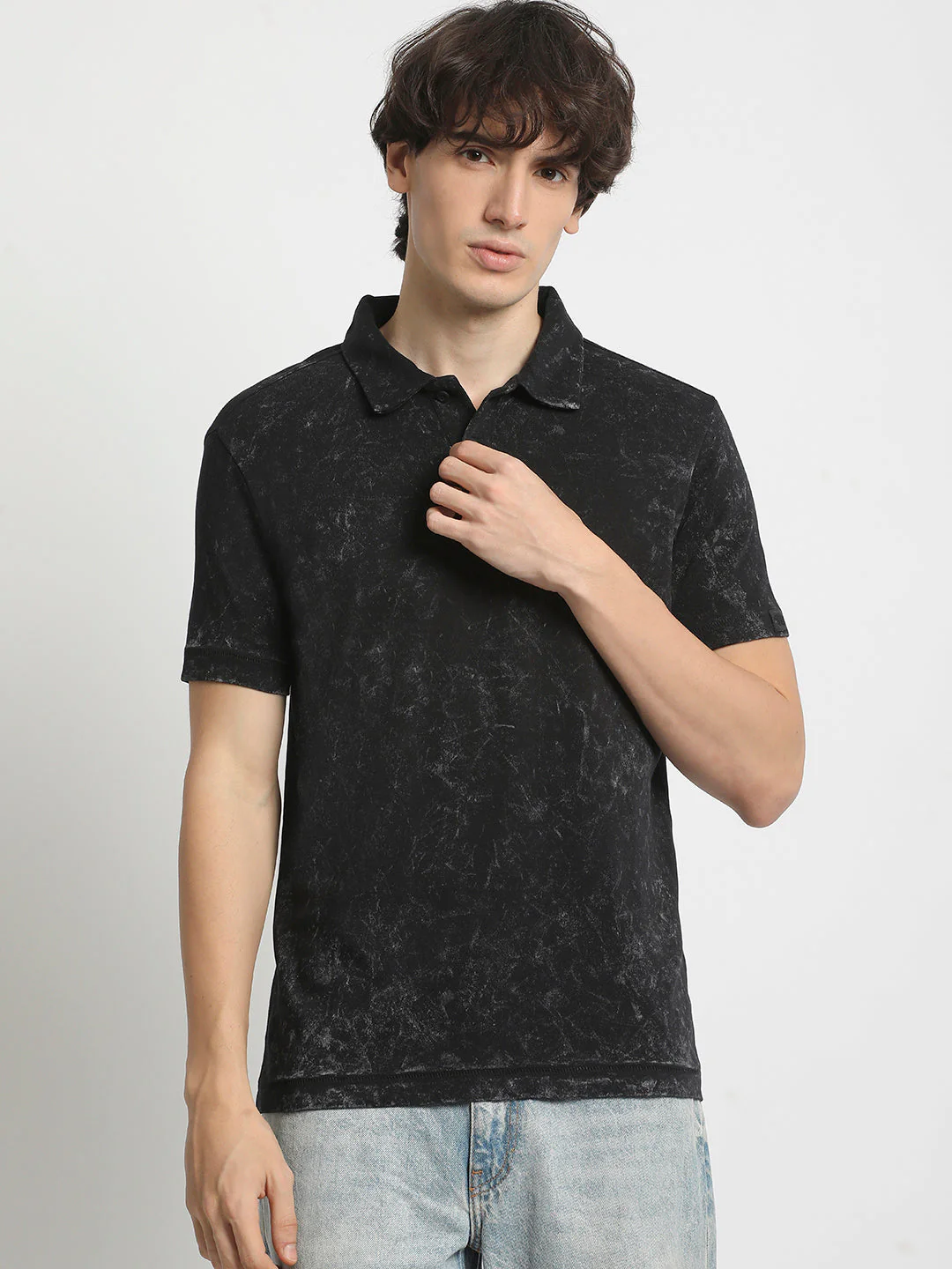 Men  Classic Cotton Blend Acid Wash Polo Neck T-Shirt - Image 2