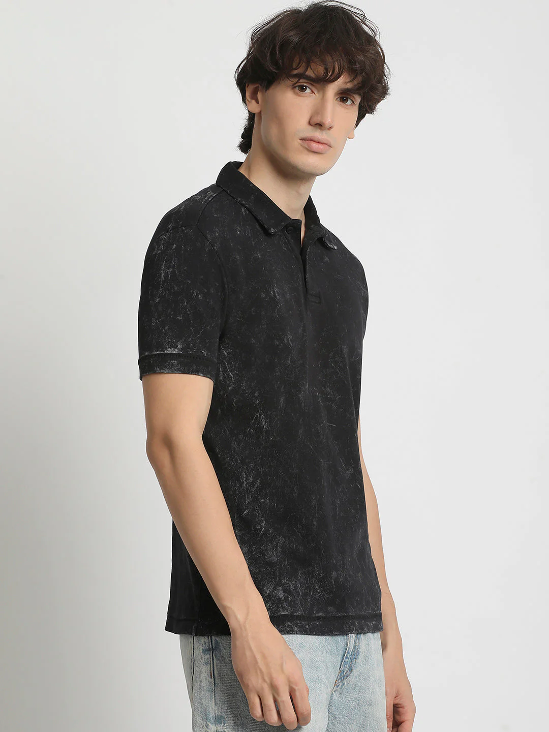 Men  Classic Cotton Blend Acid Wash Polo Neck T-Shirt - Image 3