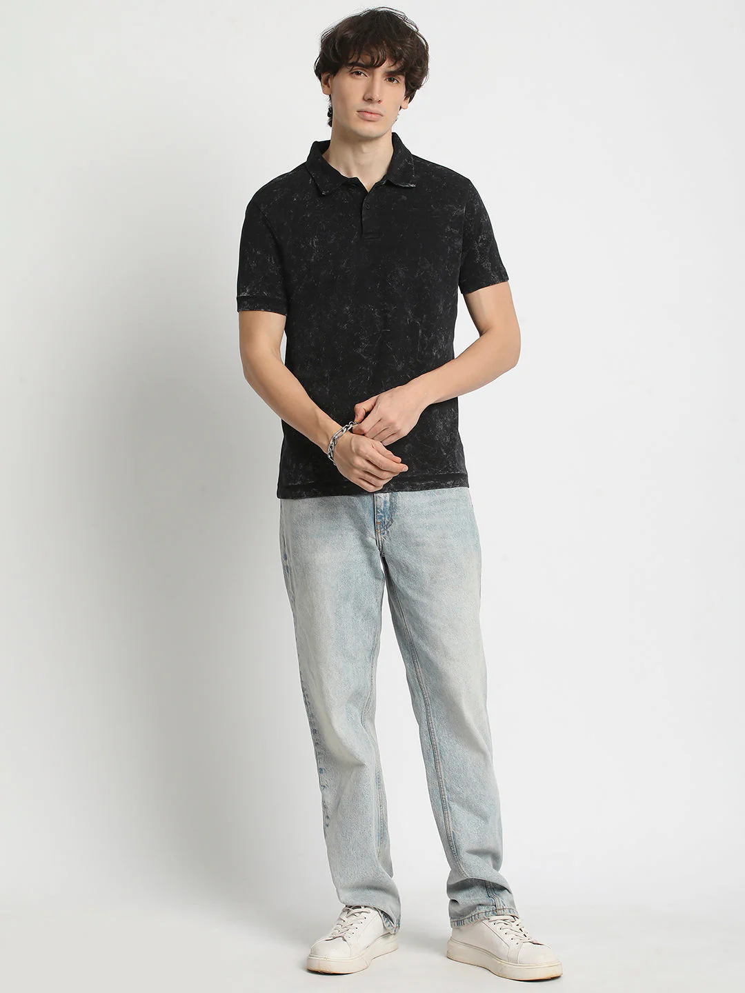 Men  Classic Cotton Blend Acid Wash Polo Neck T-Shirt - Image 5