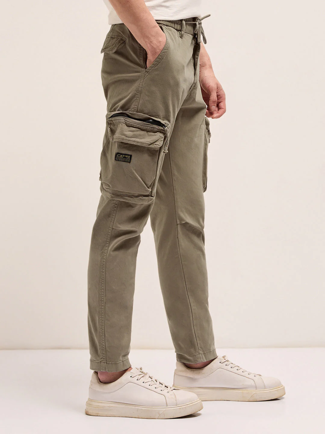 Men Classic Fit Beige Cargo Pants - Image 3