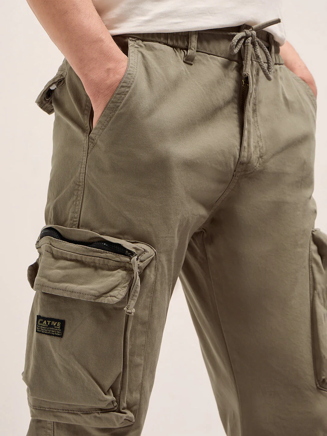 Men Classic Fit Beige Cargo Pants - Image 5