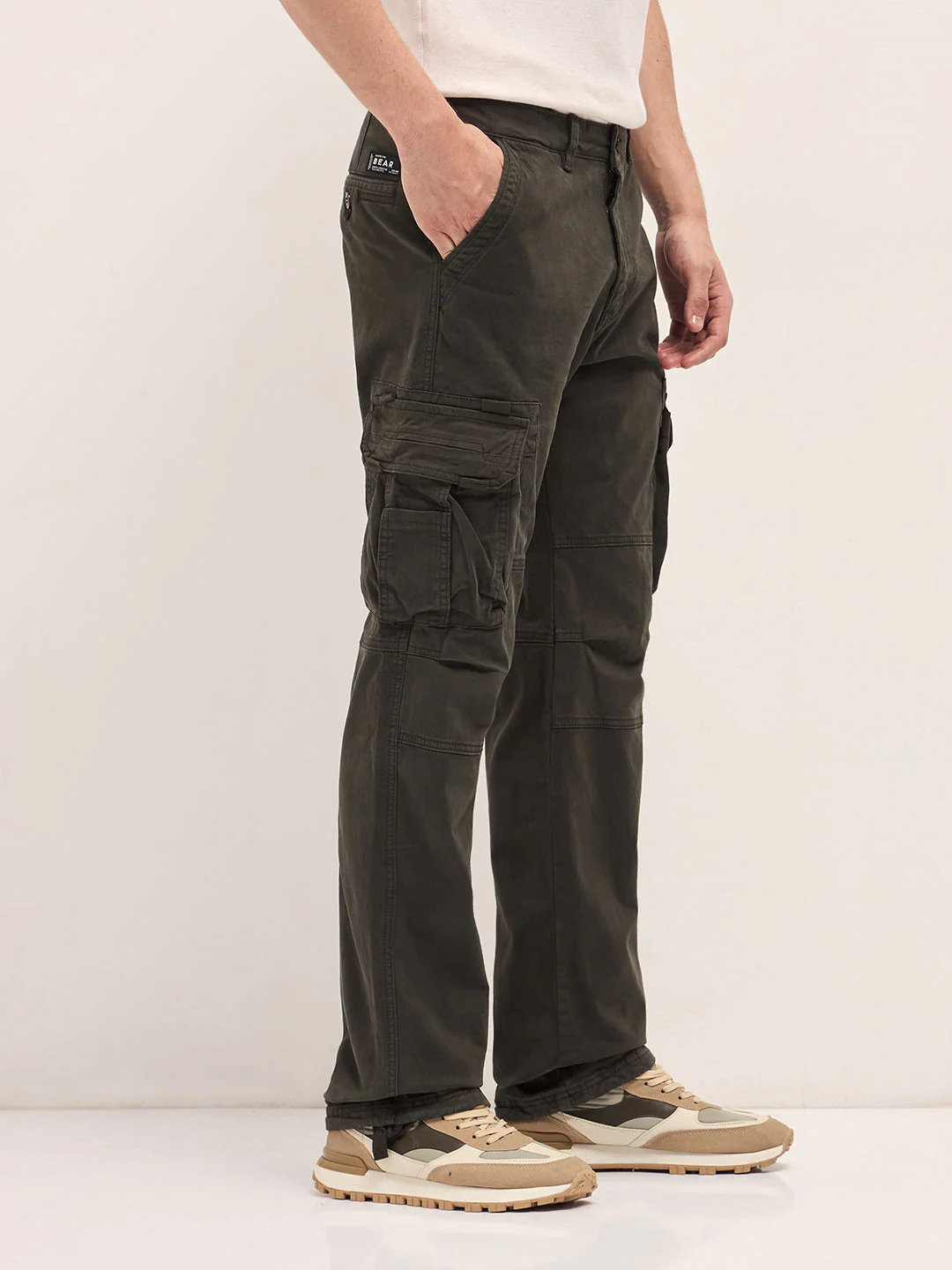 Men Classic Fit Dark Green Cargo Pants - Image 3