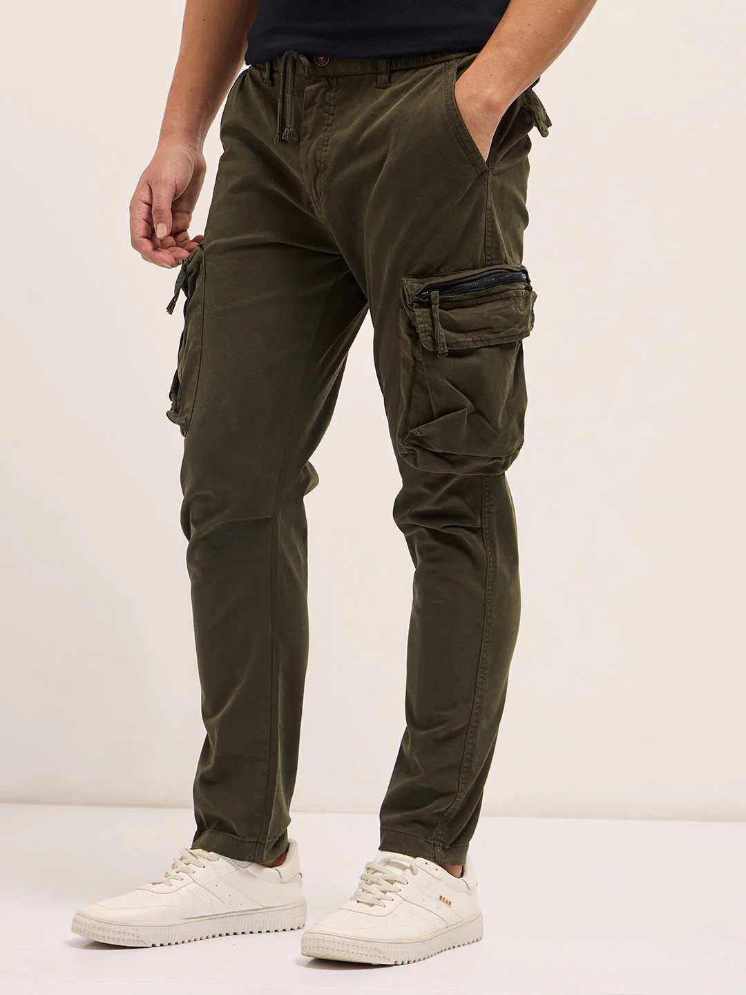 Men Classic Fit Dark Green Cargo Pants - Image 3