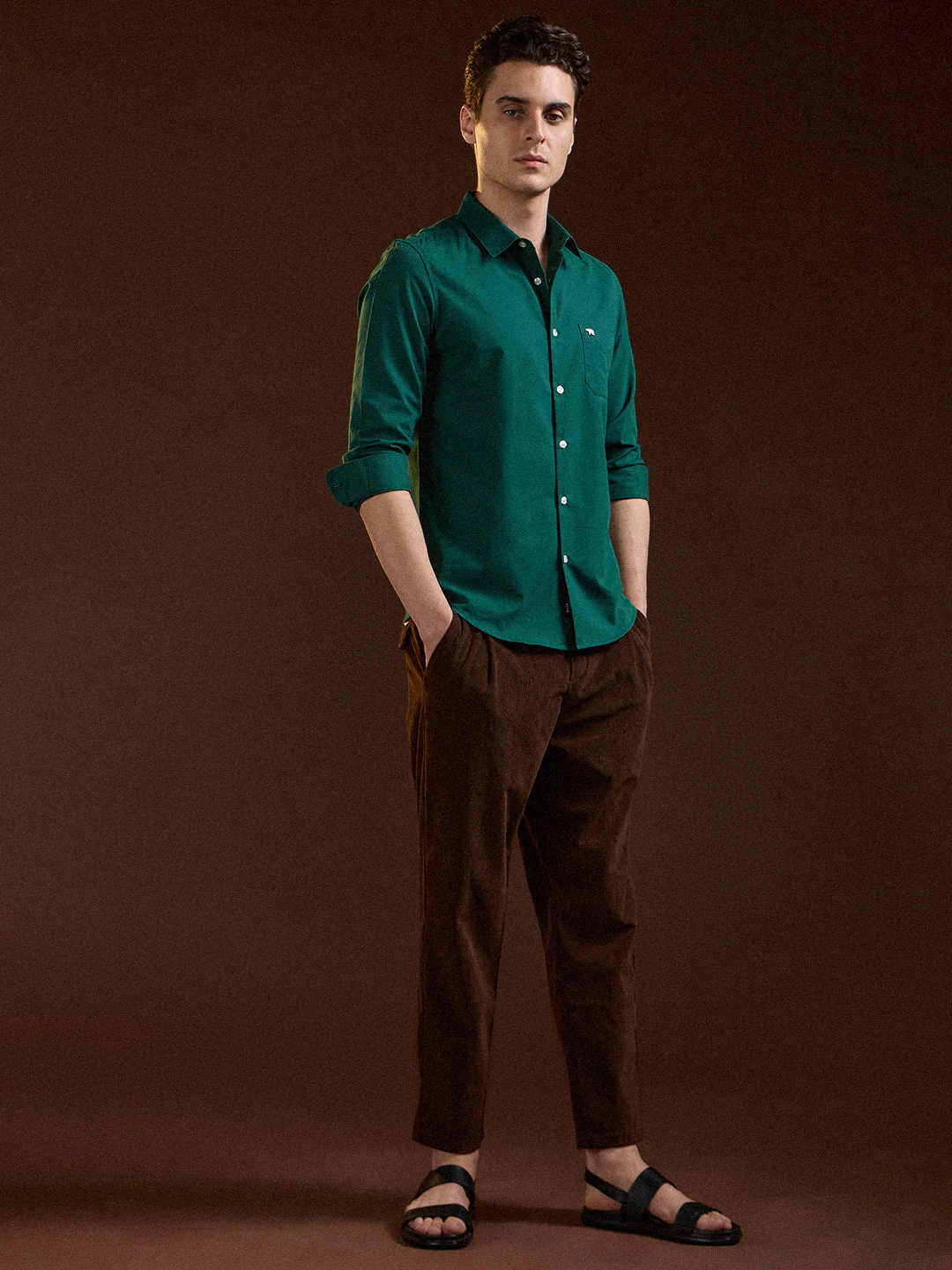 Men Classic Green Solid Slim Fit Polyester Casual Shirt - Image 4
