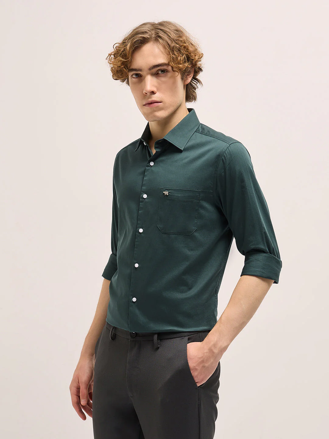 Men Classic Green Tailored Fit Solid Formal Shirt - Image 3