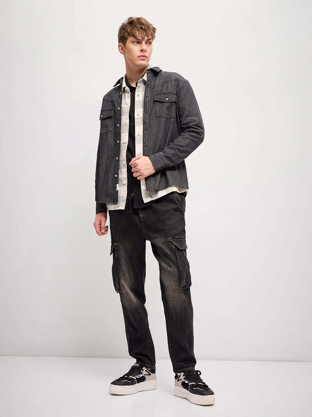 Men Classic Grey Solid Relax Fit Denim Casual Shirt - Image 4
