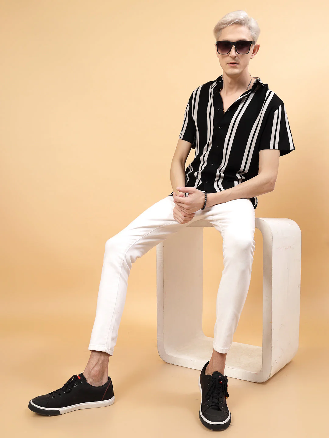 Men Classic Slim Fit Rayon Black Stripes Shirt - Image 2
