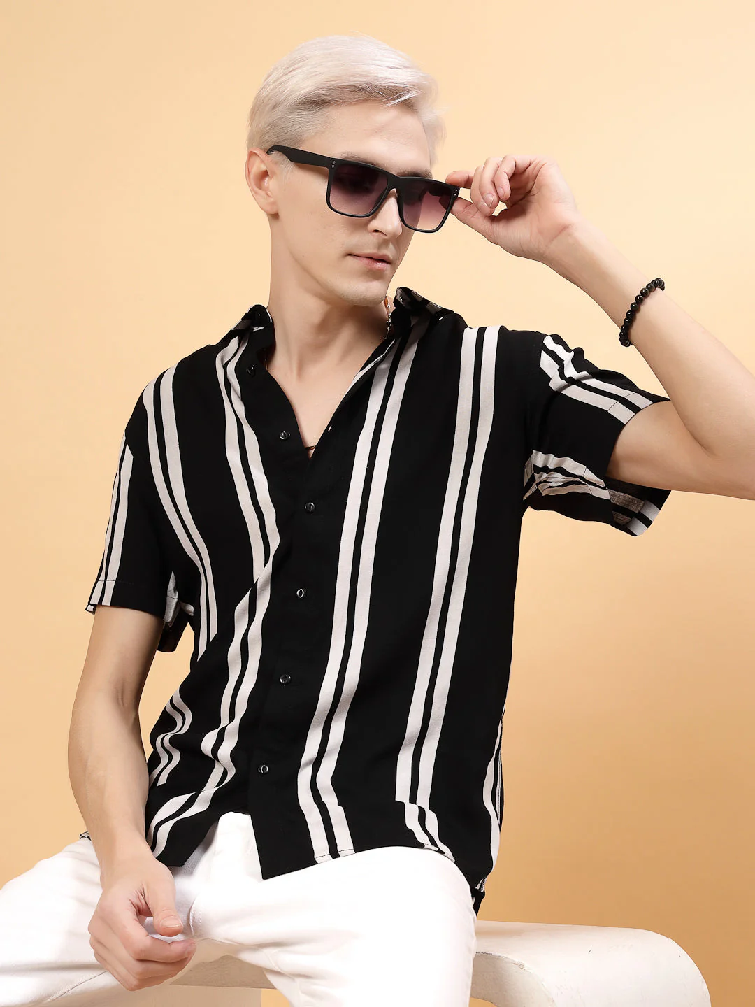 Men Classic Slim Fit Rayon Black Stripes Shirt - Image 3