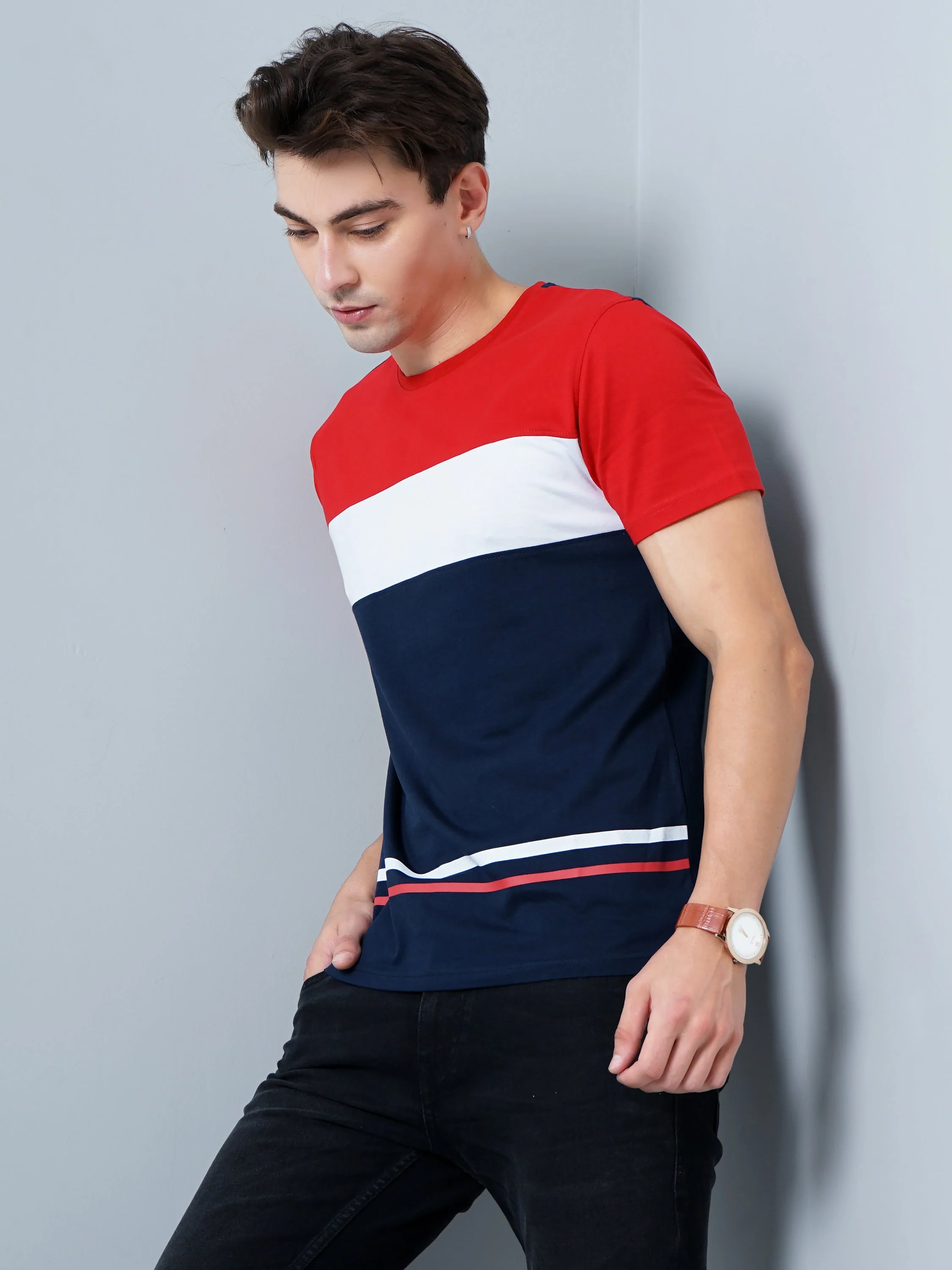 Men Color Block Navy T-Shirt - Image 3